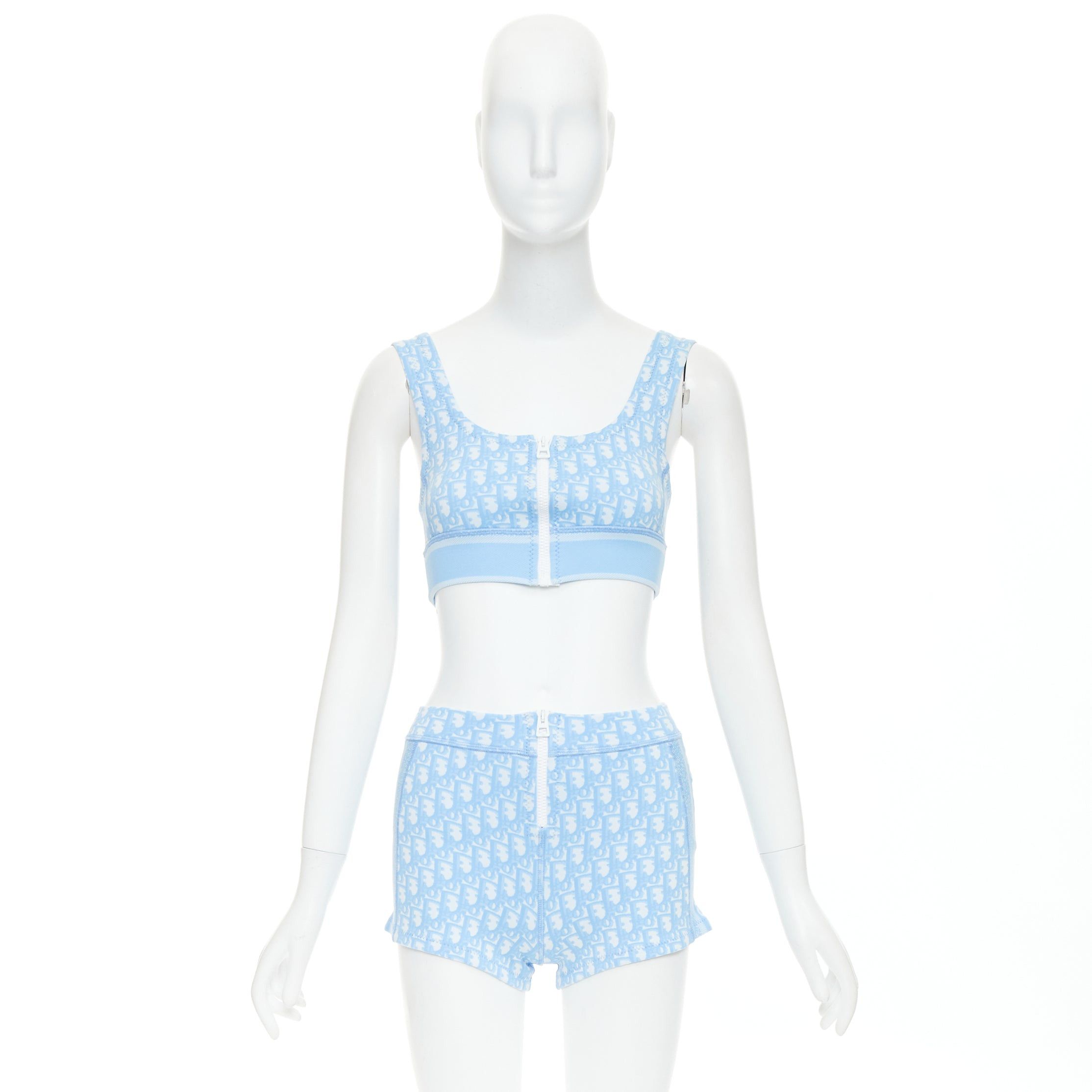 Dior CHRISTIAN DIOR 2021 blue white Oblique monogram zip crop top shorts set FR34 XS Size ONE SIZE - 11 Thumbnail