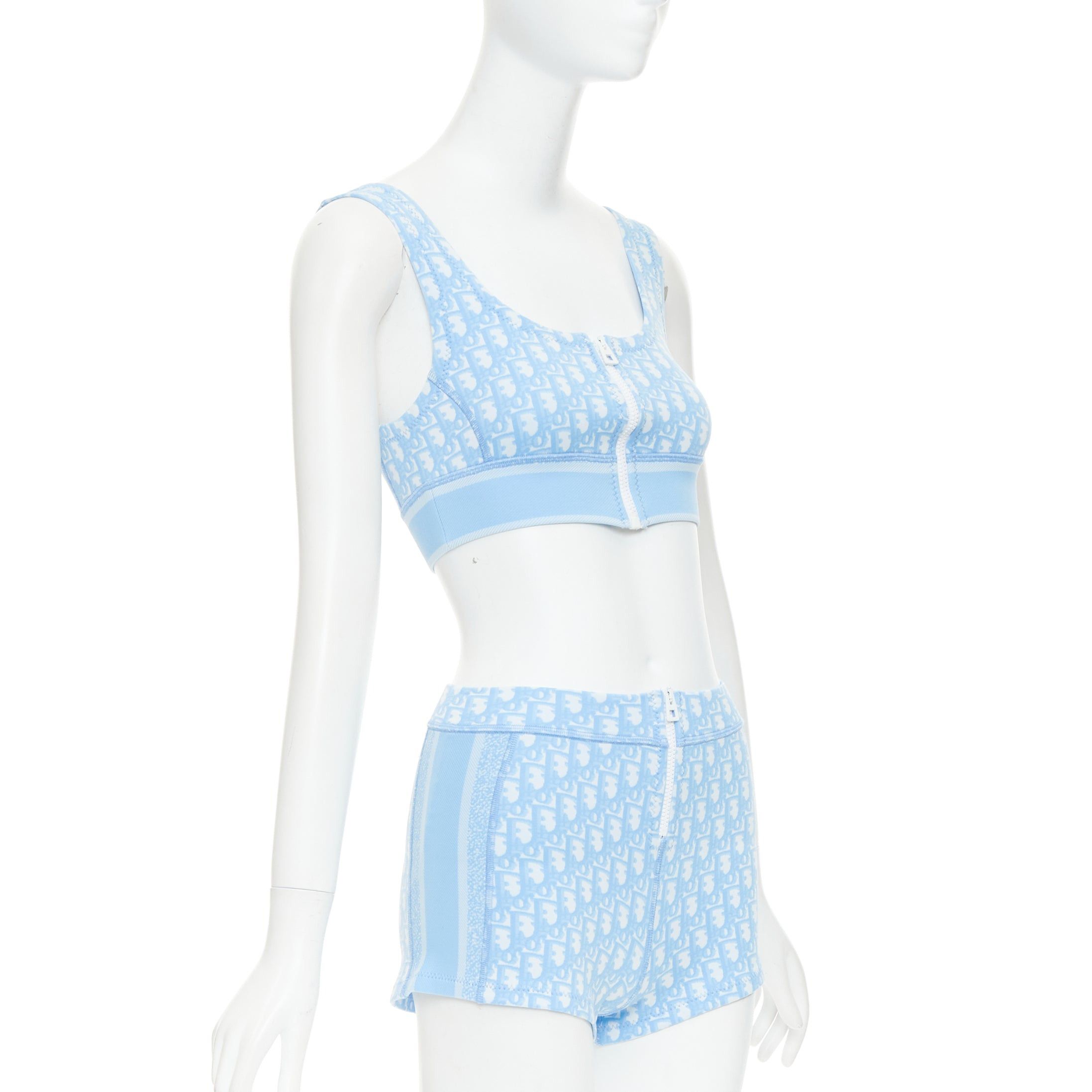 Dior CHRISTIAN DIOR 2021 blue white Oblique monogram zip crop top shorts set FR34 XS Size ONE SIZE - 3 Thumbnail