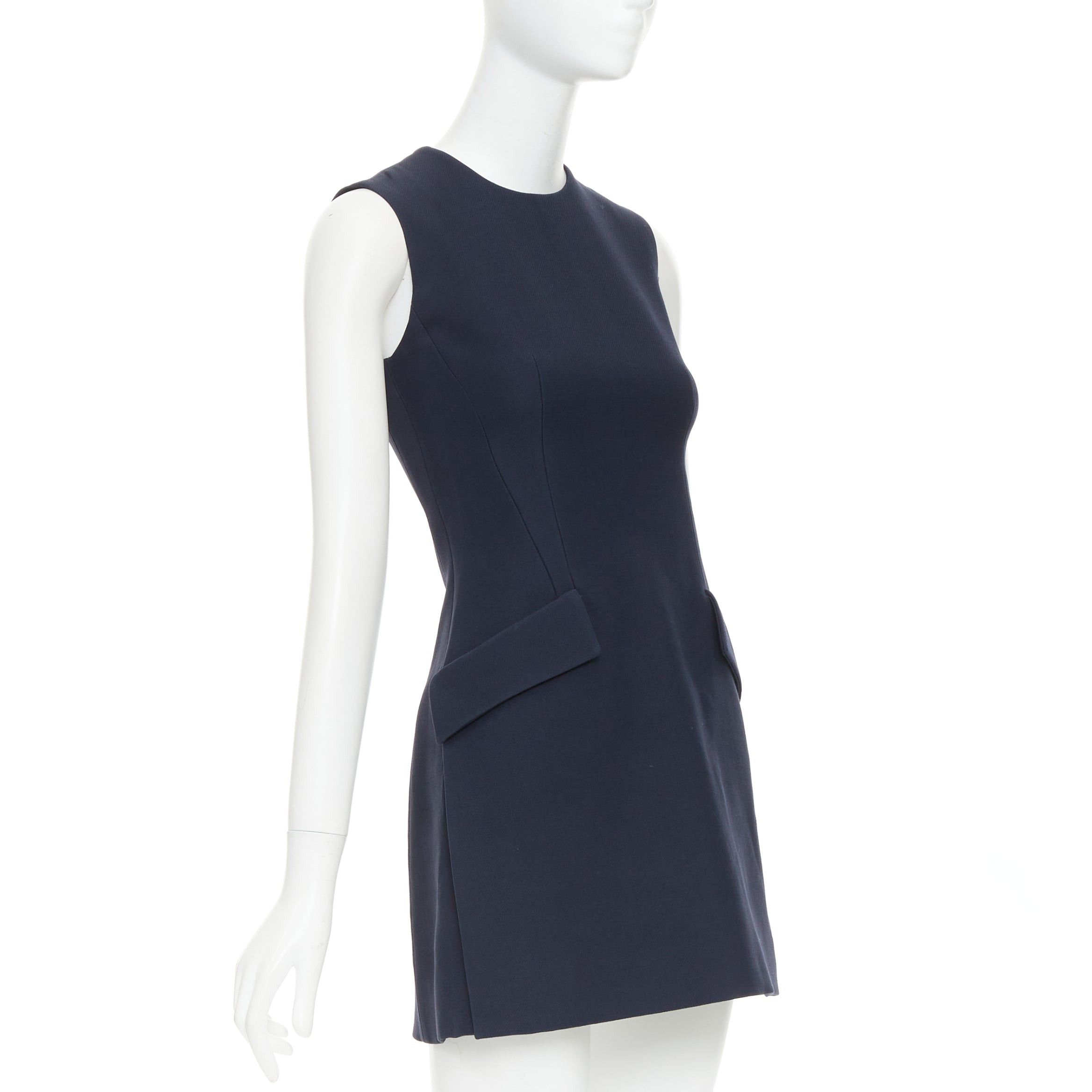 Dior CHRISTIAN DIOR navy wool silk flap pocket darted slit sided sleeveless Aline dress FR34 XS Size XS / US 0-2 / IT 36-38 - 3 Thumbnail