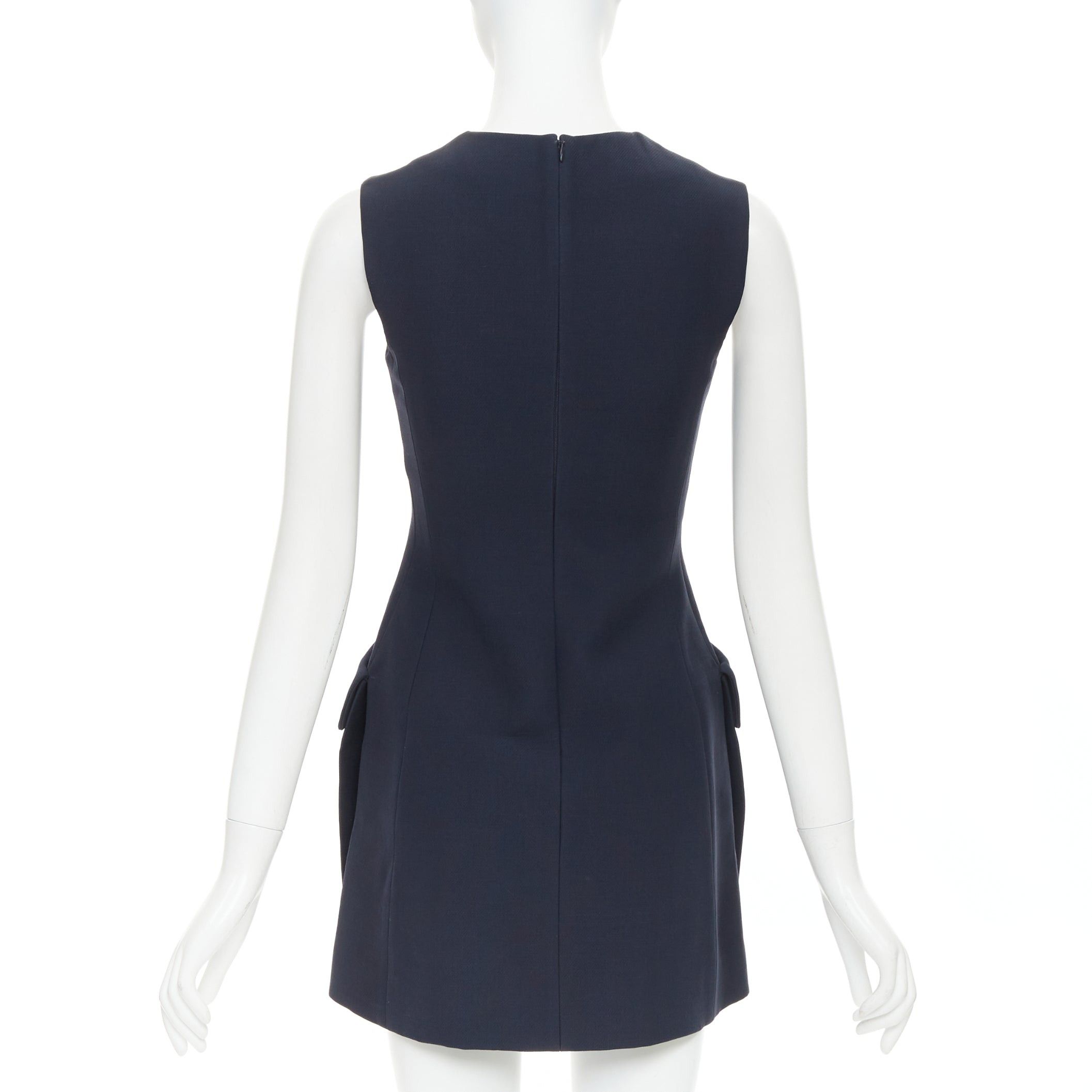 Dior CHRISTIAN DIOR navy wool silk flap pocket darted slit sided sleeveless Aline dress FR34 XS Size XS / US 0-2 / IT 36-38 - 5 Thumbnail