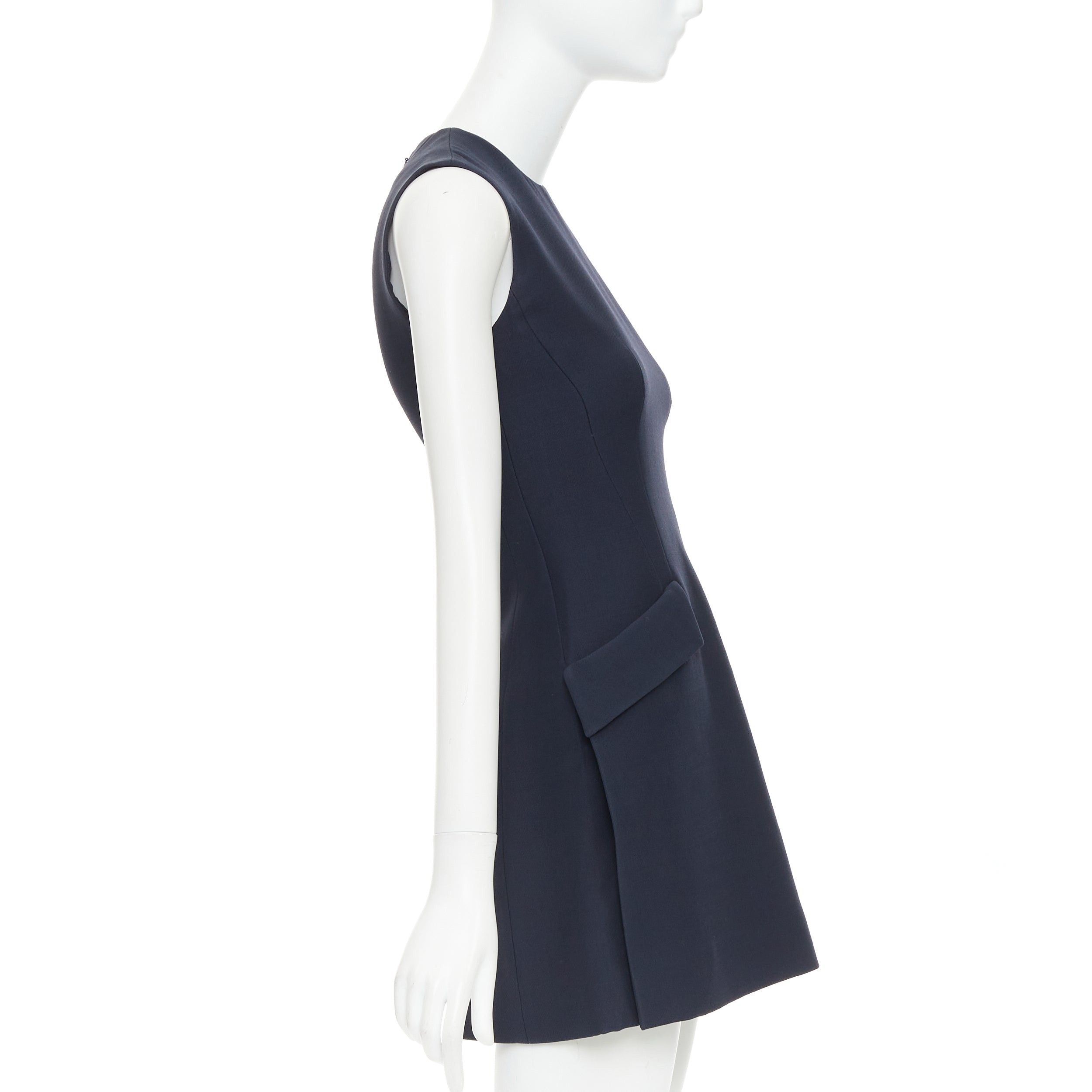 Dior CHRISTIAN DIOR navy wool silk flap pocket darted slit sided sleeveless Aline dress FR34 XS Size XS / US 0-2 / IT 36-38 - 4 Thumbnail