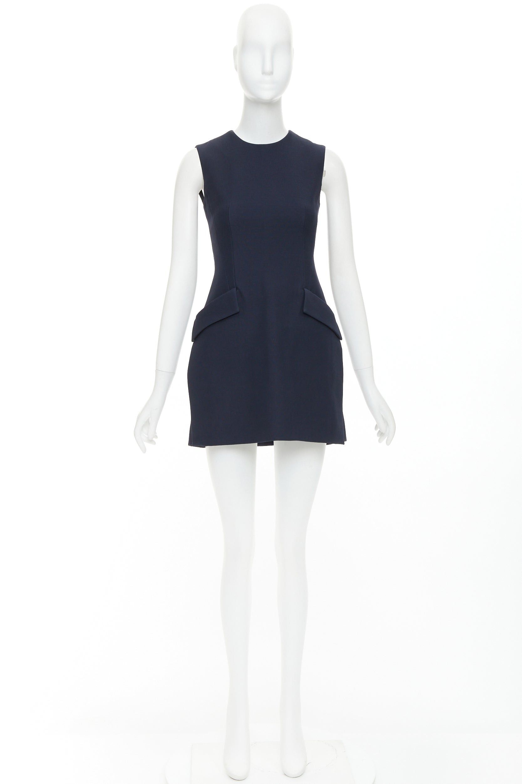 Dior CHRISTIAN DIOR navy wool silk flap pocket darted slit sided sleeveless Aline dress FR34 XS Size XS / US 0-2 / IT 36-38 - 9 Thumbnail