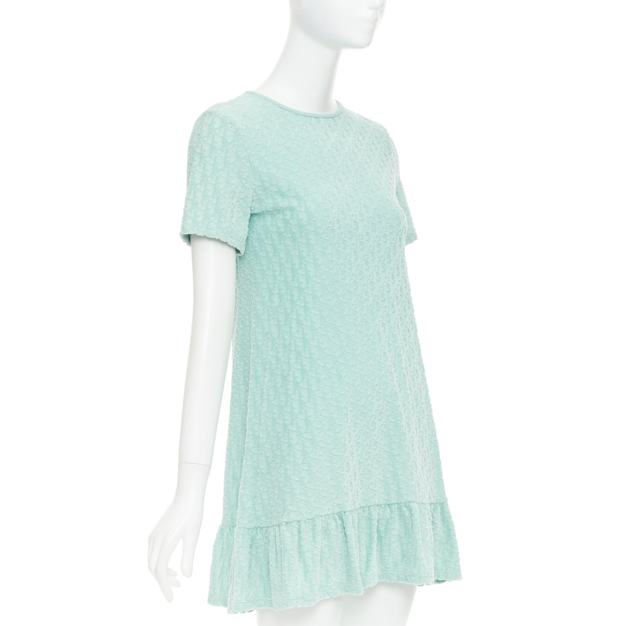 Dior CHRISTIAN DIOR KIDS turquoise cotton velour monogram frill mini dress Yr12 Size XS / US 0-2 / IT 36-38 - 3 Thumbnail