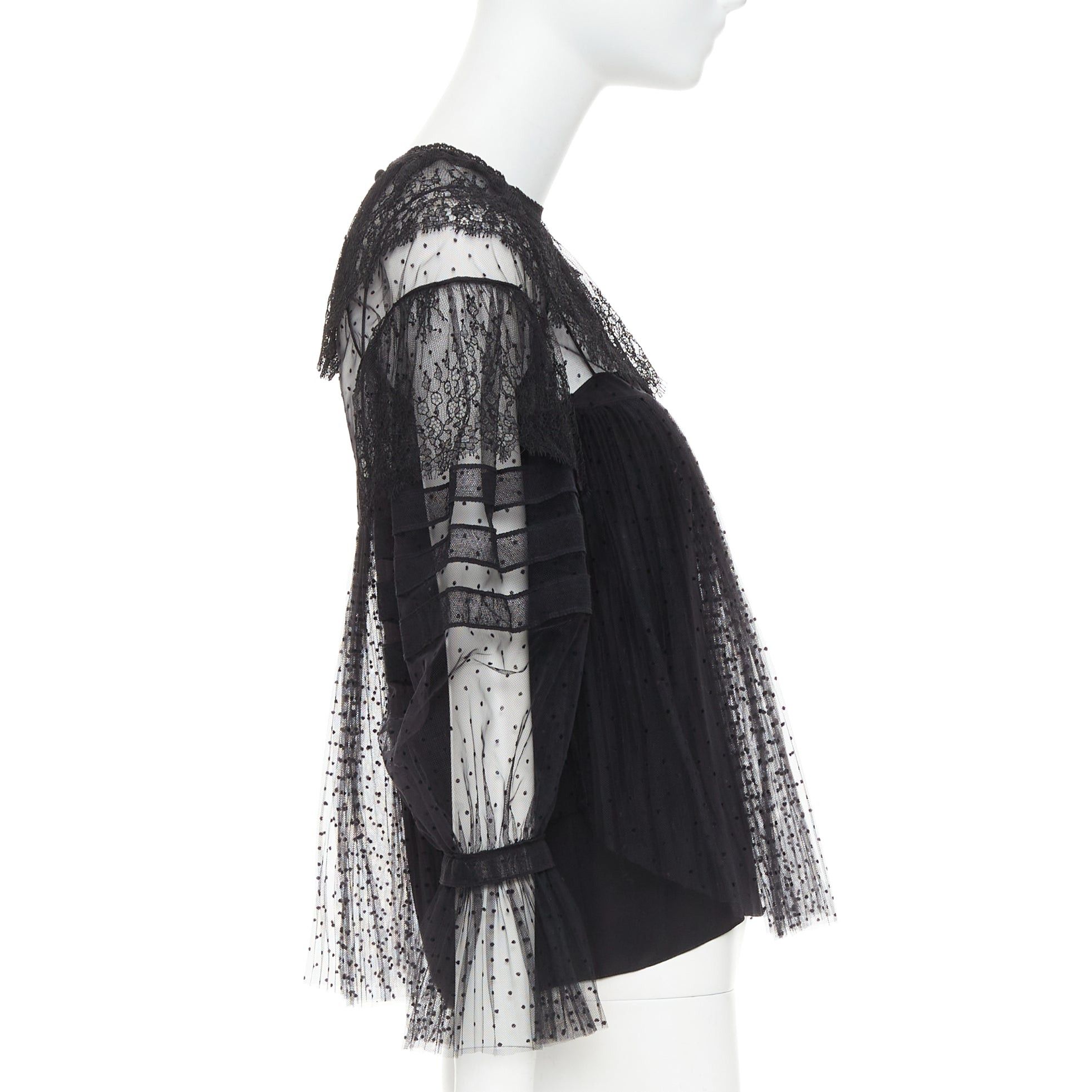 Dior CHRISTIAN DIOR 2017 black sheer polka dot smocked lace tiered Victorian top FR34 XS Size XS / US 0-2 / IT 36-38 - 4 Thumbnail