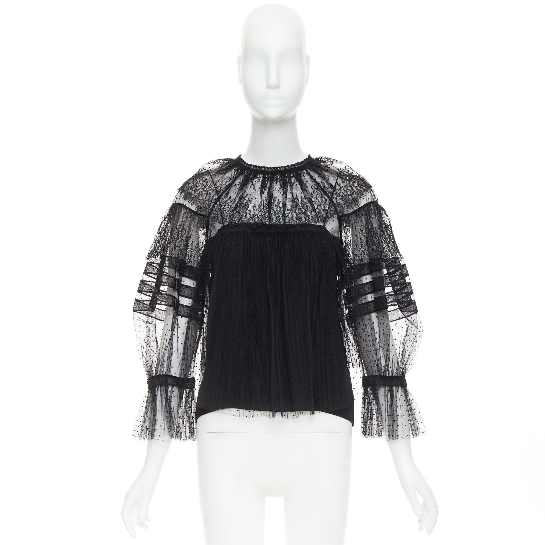 Dior CHRISTIAN DIOR 2017 black sheer polka dot smocked lace tiered Victorian top FR34 XS Size XS / US 0-2 / IT 36-38 - 9 Thumbnail