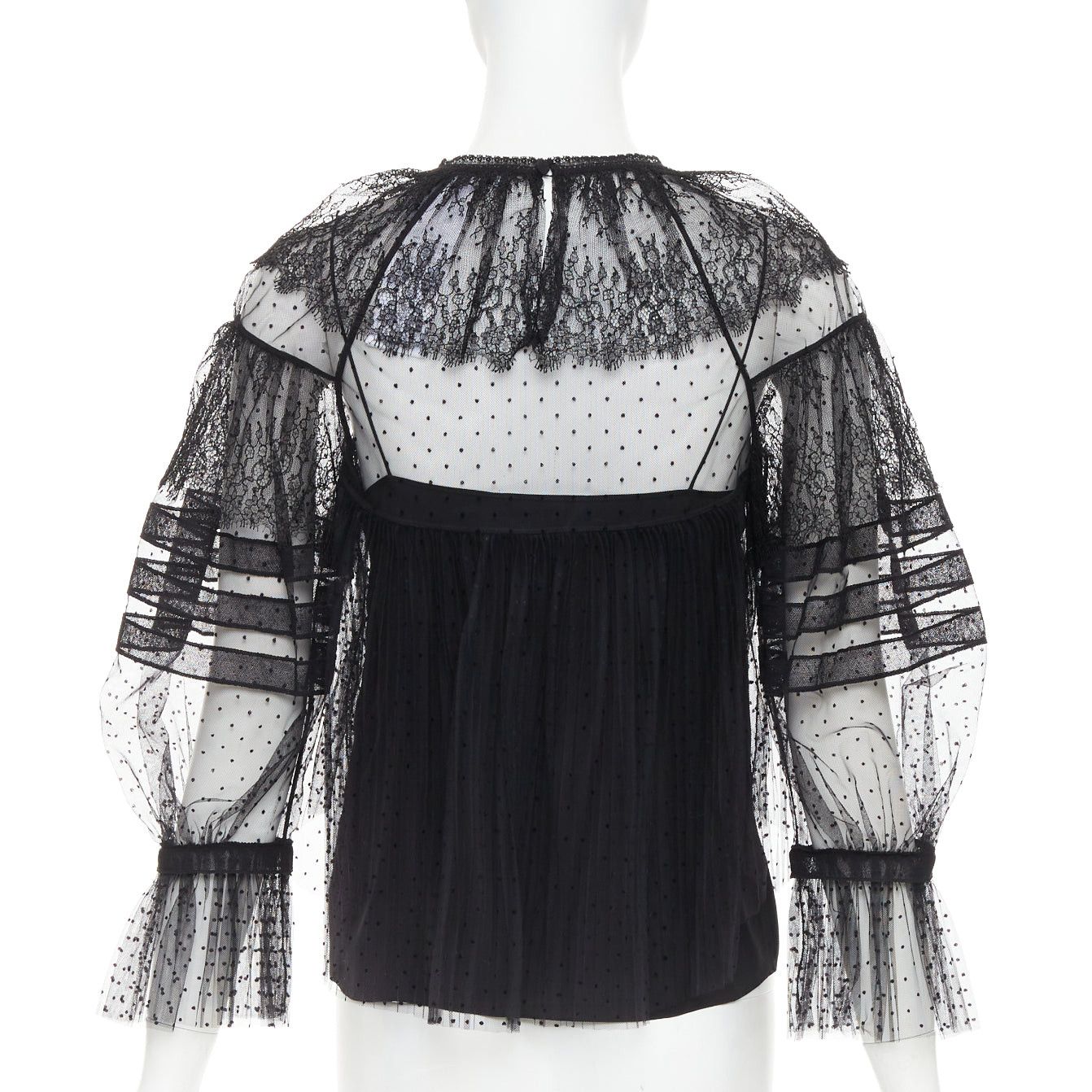 Dior CHRISTIAN DIOR 2017 black sheer polka dot smocked lace tiered Victorian top FR34 XS Size XS / US 0-2 / IT 36-38 - 5 Thumbnail