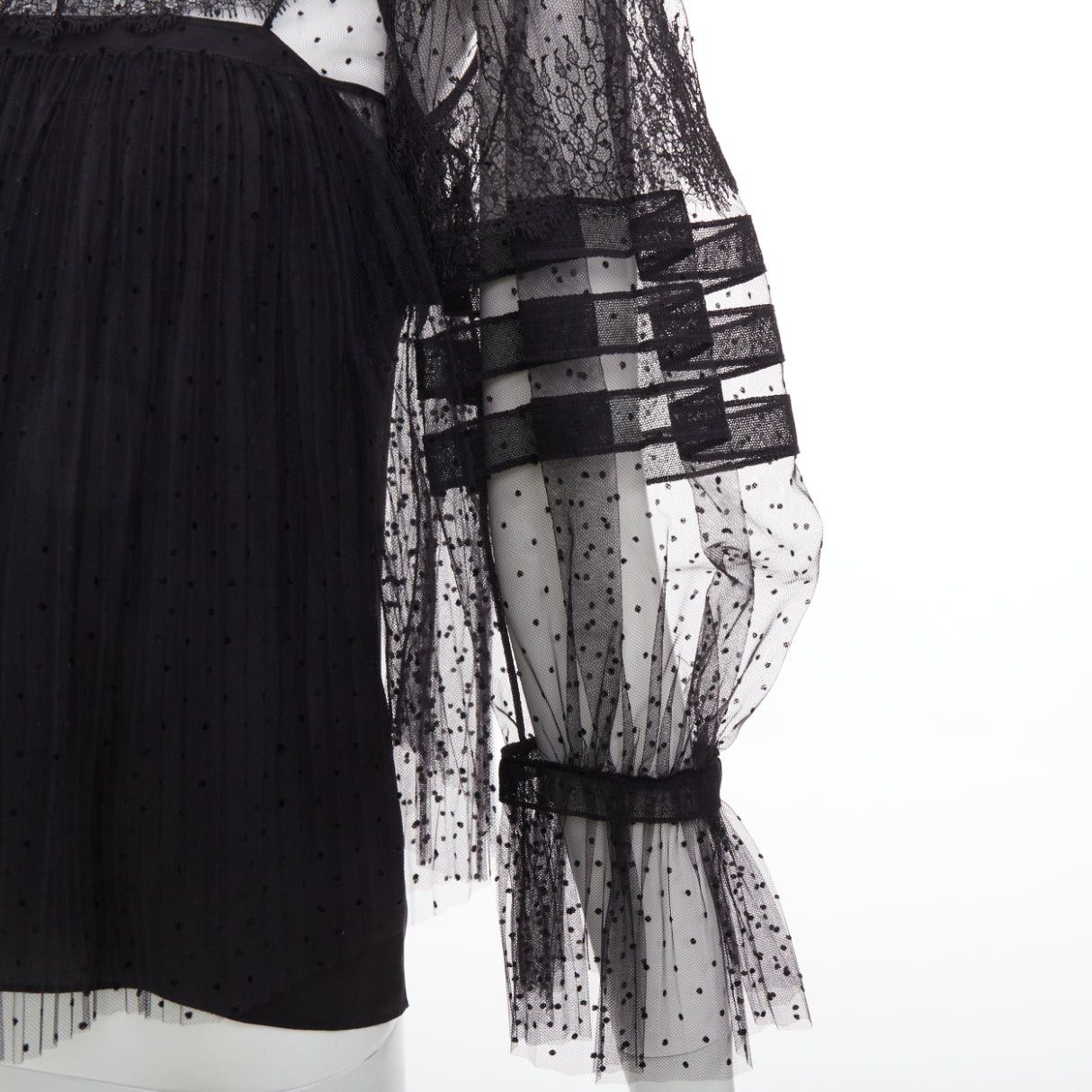 Dior CHRISTIAN DIOR 2017 black sheer polka dot smocked lace tiered Victorian top FR34 XS Size XS / US 0-2 / IT 36-38 - 2 Thumbnail