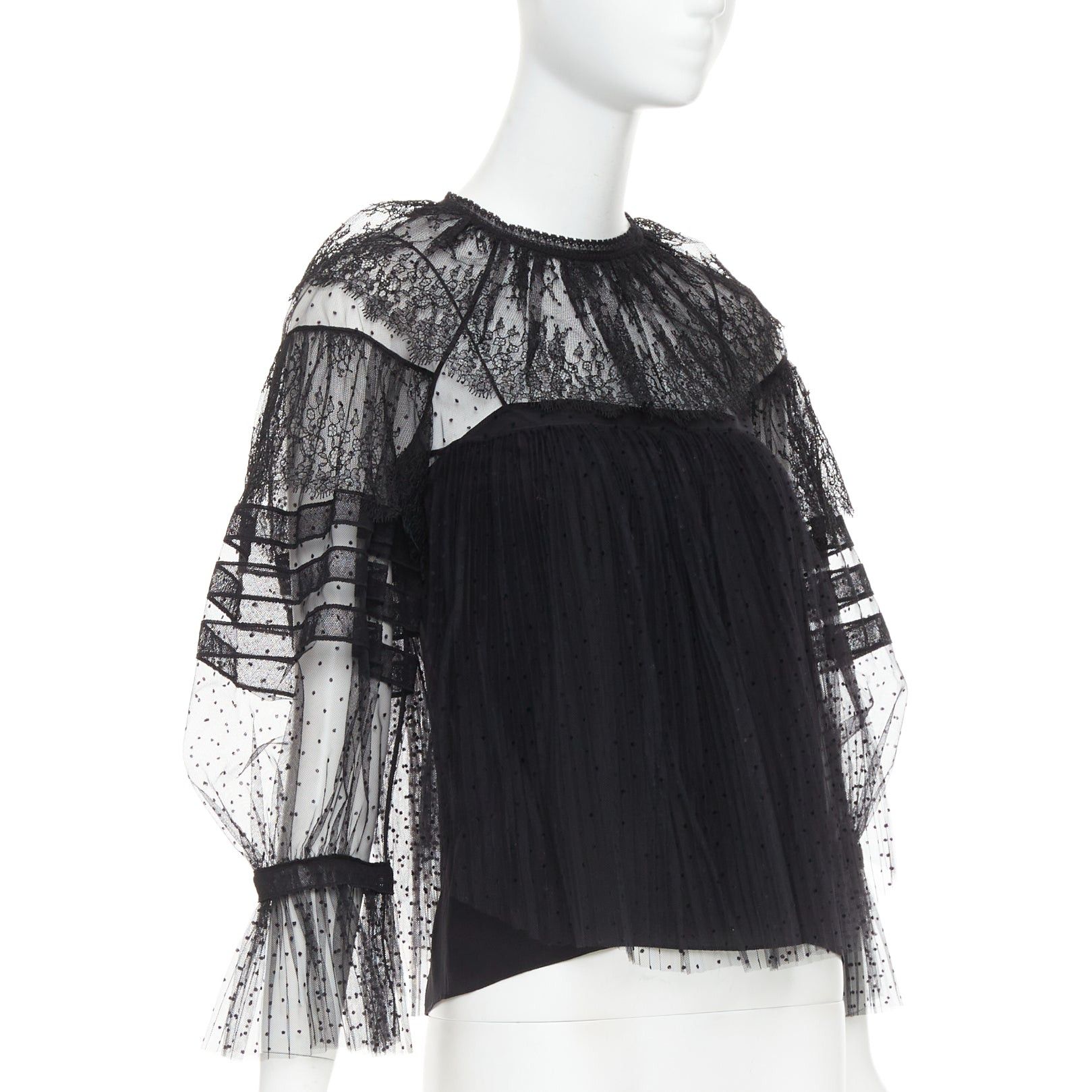 Dior CHRISTIAN DIOR 2017 black sheer polka dot smocked lace tiered Victorian top FR34 XS Size XS / US 0-2 / IT 36-38 - 3 Thumbnail