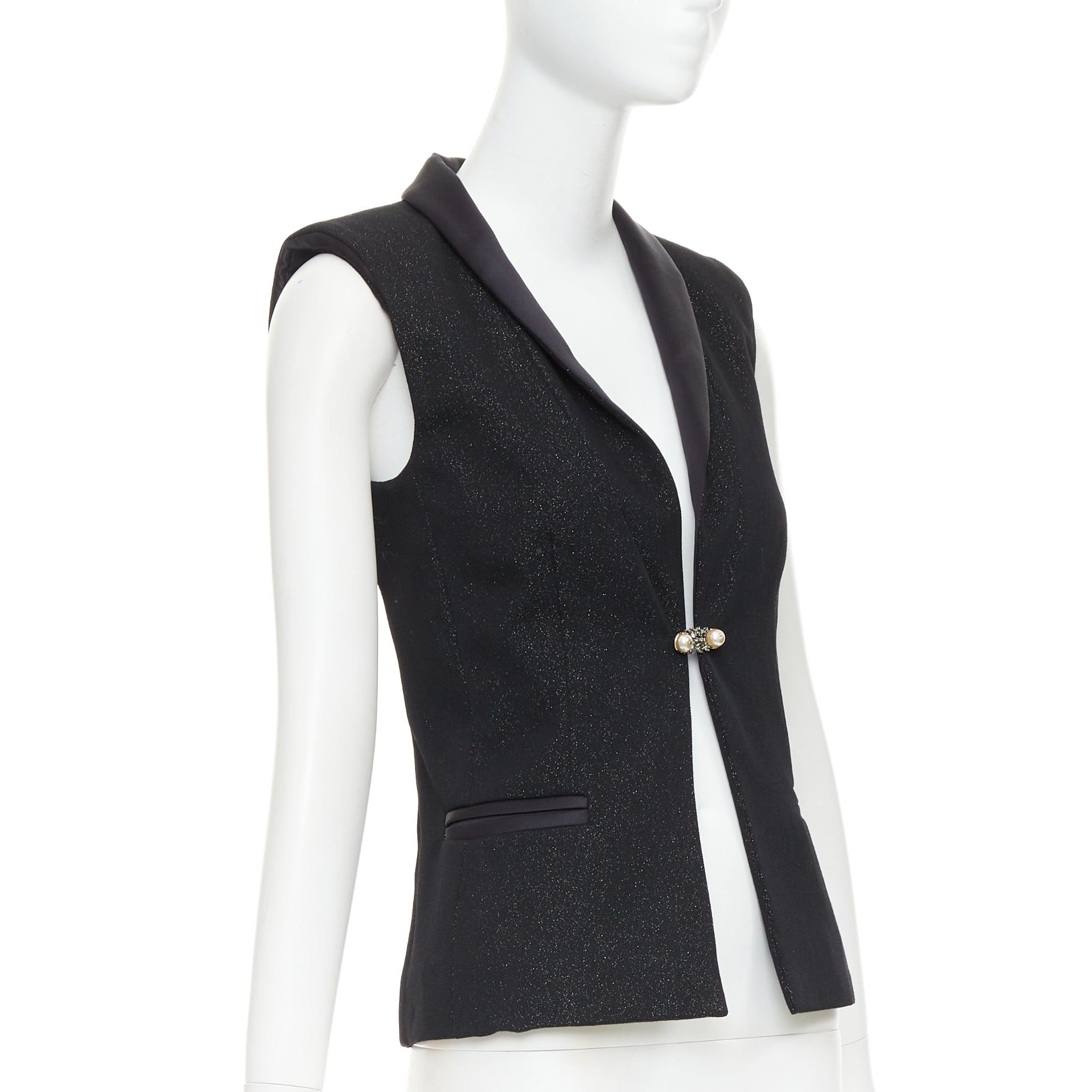 Chanel CHANEL black wool blend lurex pearl crystal button satin shawl collar vest jacket FR36 S Size S / US 4 / IT 40 - 3 Thumbnail