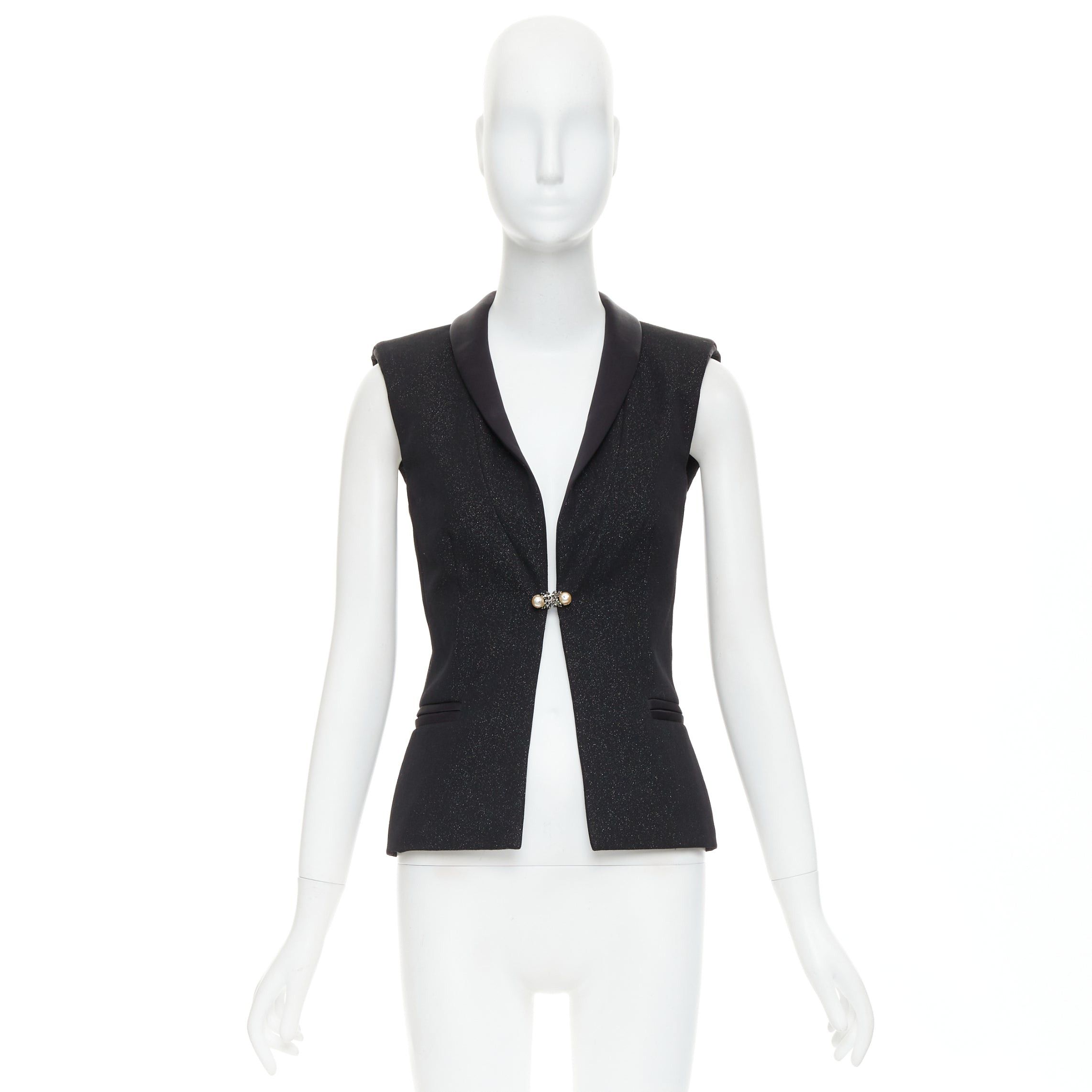 Chanel CHANEL black wool blend lurex pearl crystal button satin shawl collar vest jacket FR36 S Size S / US 4 / IT 40 - 9 Thumbnail