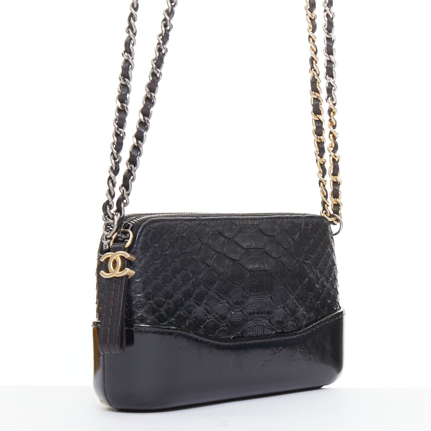 Chanel CHANEL Mini Gabrielle black scaled leather patent trim double CC WOC crossbody bag Size ONE SIZE - 3 Thumbnail
