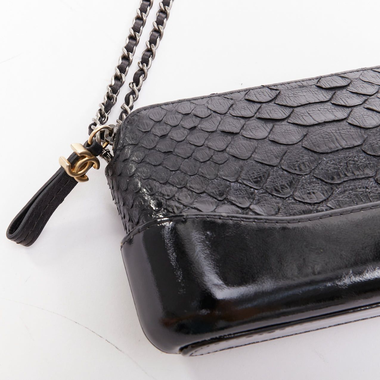 Chanel CHANEL Mini Gabrielle black scaled leather patent trim double CC WOC crossbody bag Size ONE SIZE - 7 Thumbnail