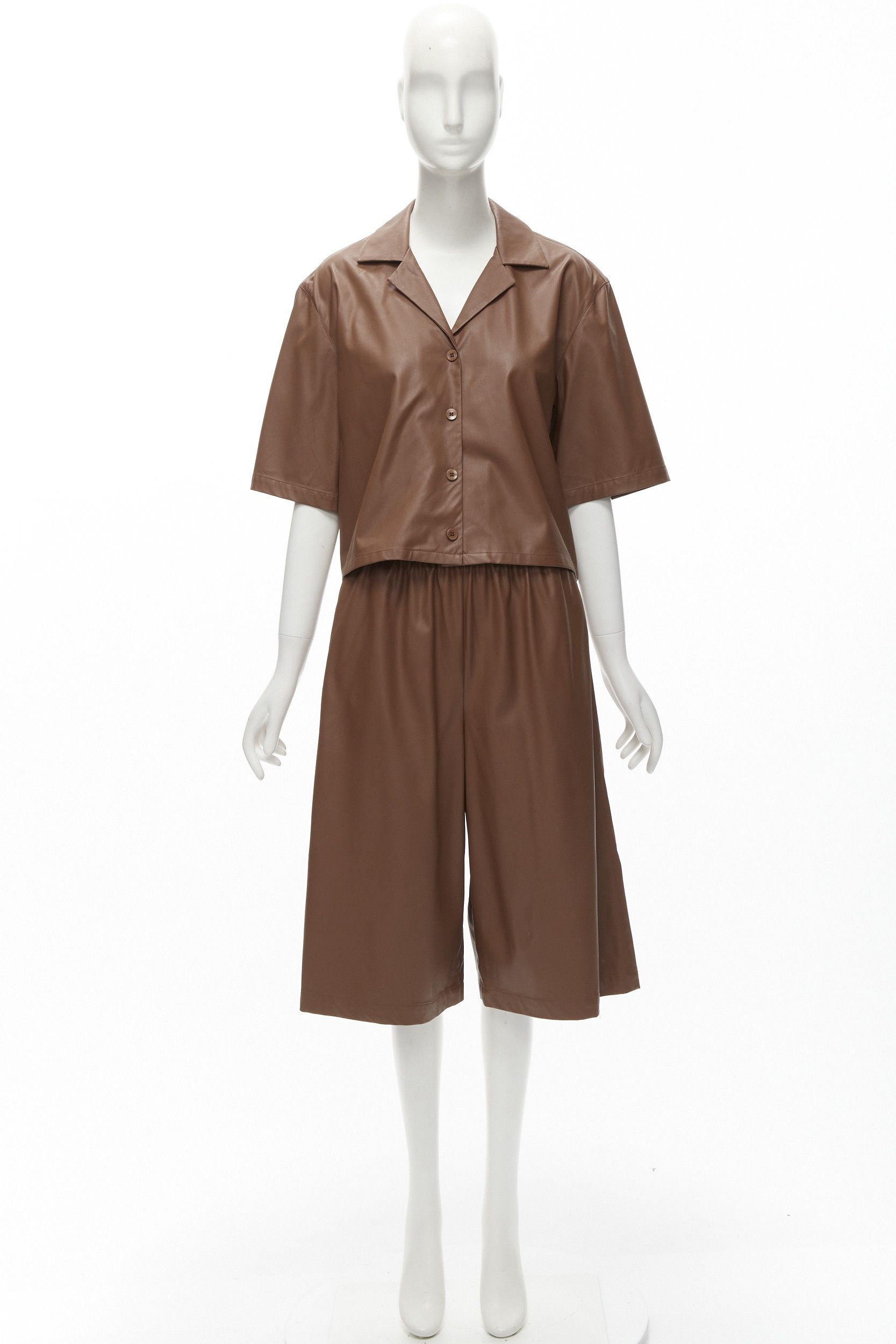 Tibi TIBI brown faux leather boxy fit shirt culotte wide shorts S Size 28" / US 6 / IT 42 - 12 Thumbnail