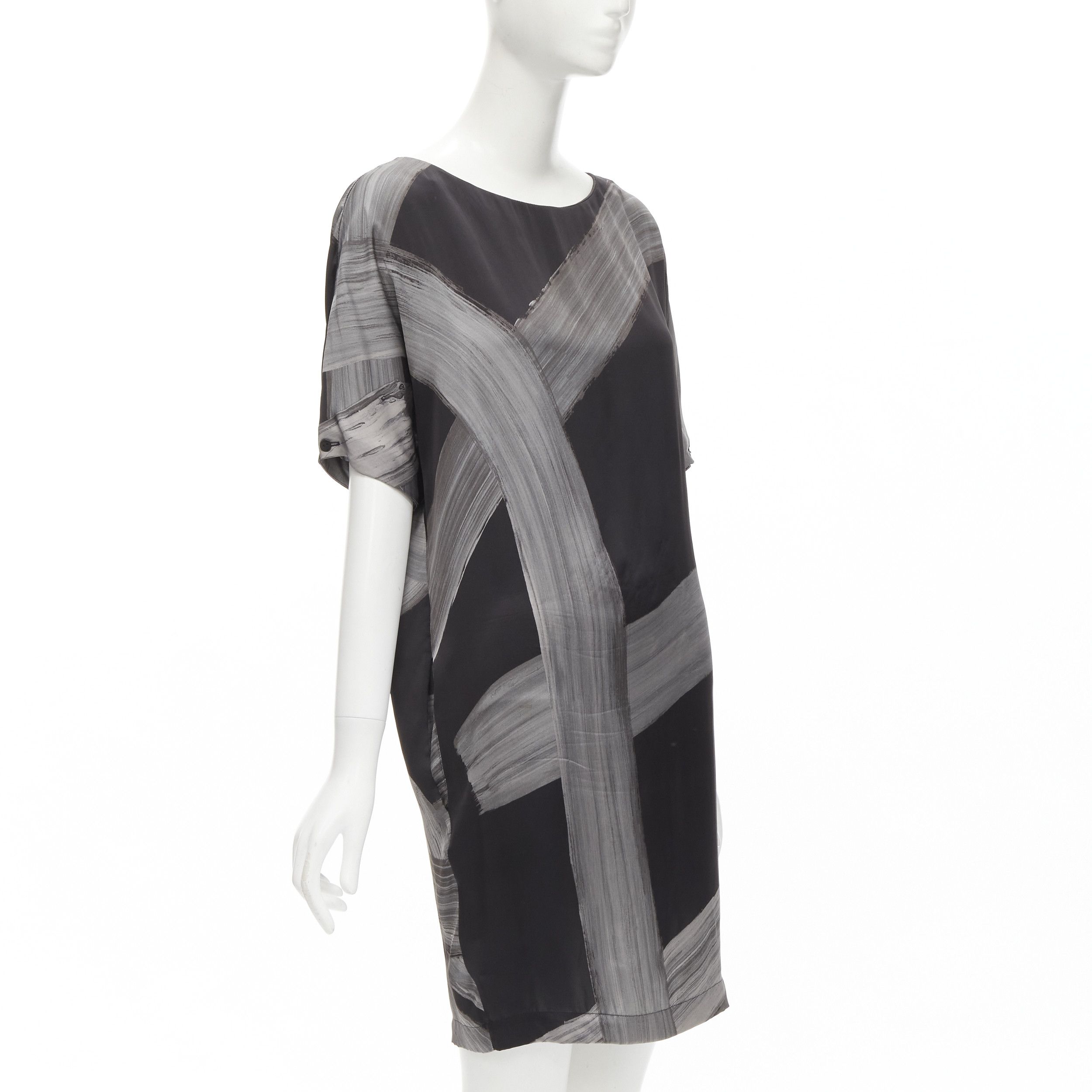 Stella McCartney STELLA MCCARTNEY 100% silk black grey brush stroke print bateau dress IT38 XS Size XS / US 0-2 / IT 36-38 - 3 Thumbnail