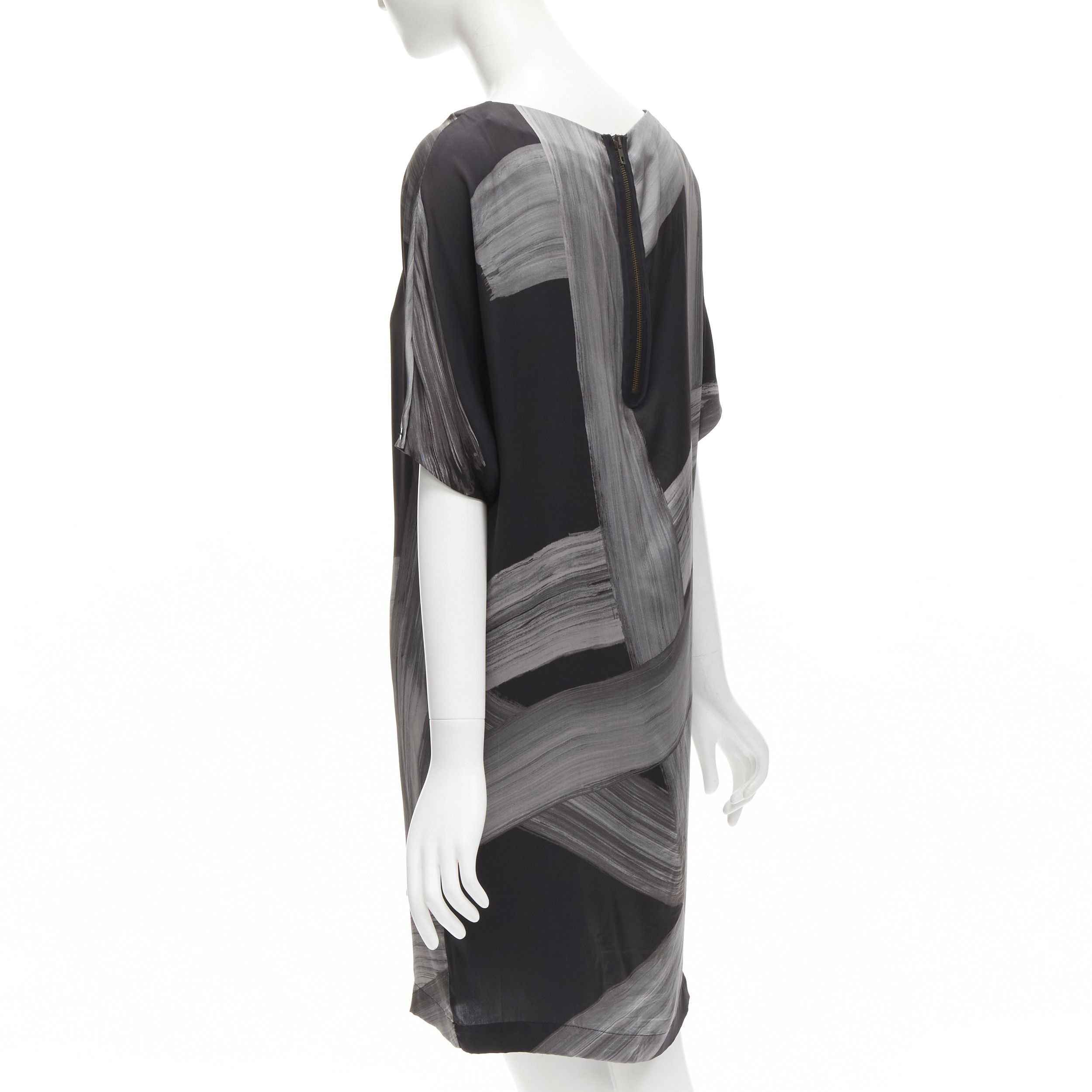 Stella McCartney STELLA MCCARTNEY 100% silk black grey brush stroke print bateau dress IT38 XS Size XS / US 0-2 / IT 36-38 - 6 Thumbnail