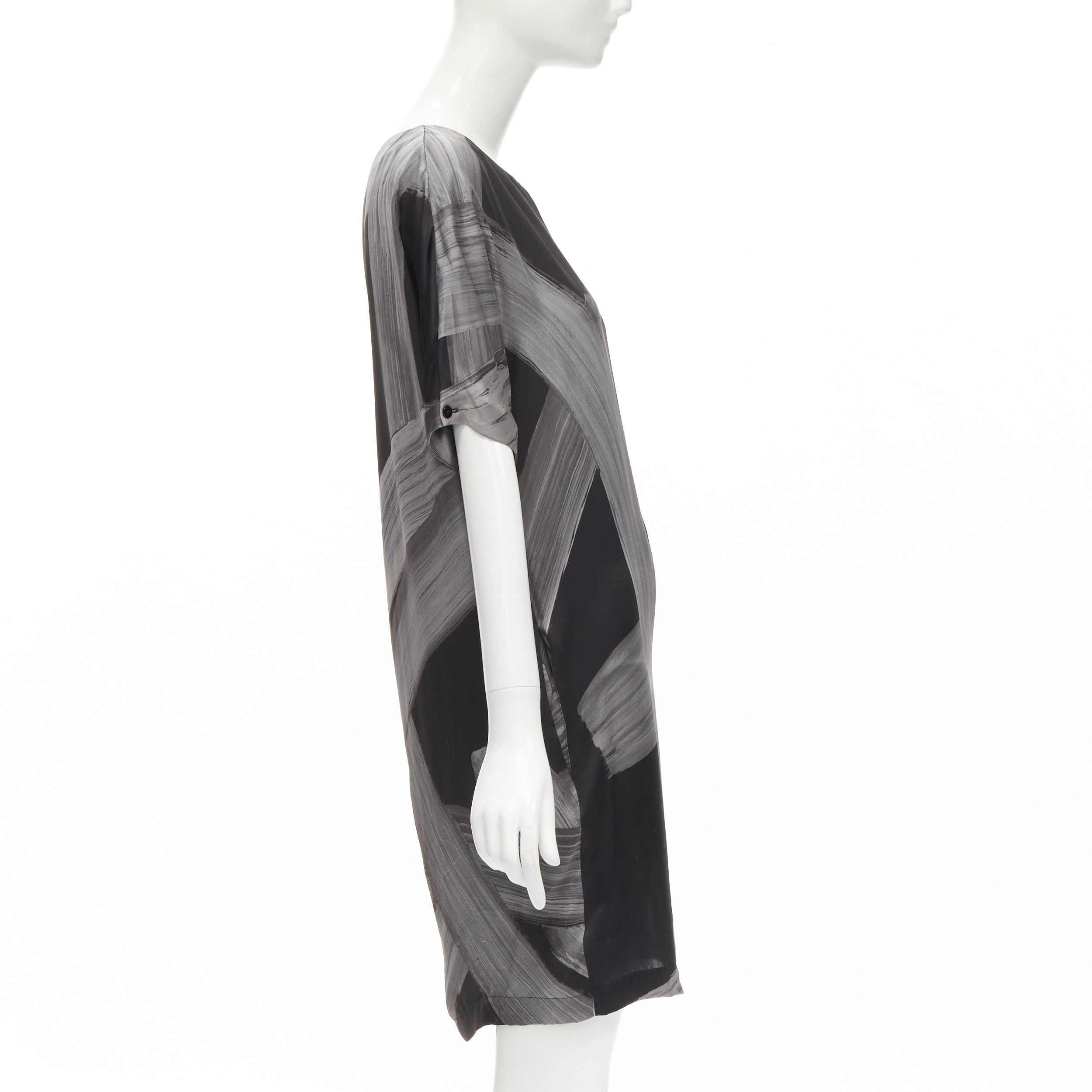 Stella McCartney STELLA MCCARTNEY 100% silk black grey brush stroke print bateau dress IT38 XS Size XS / US 0-2 / IT 36-38 - 4 Thumbnail