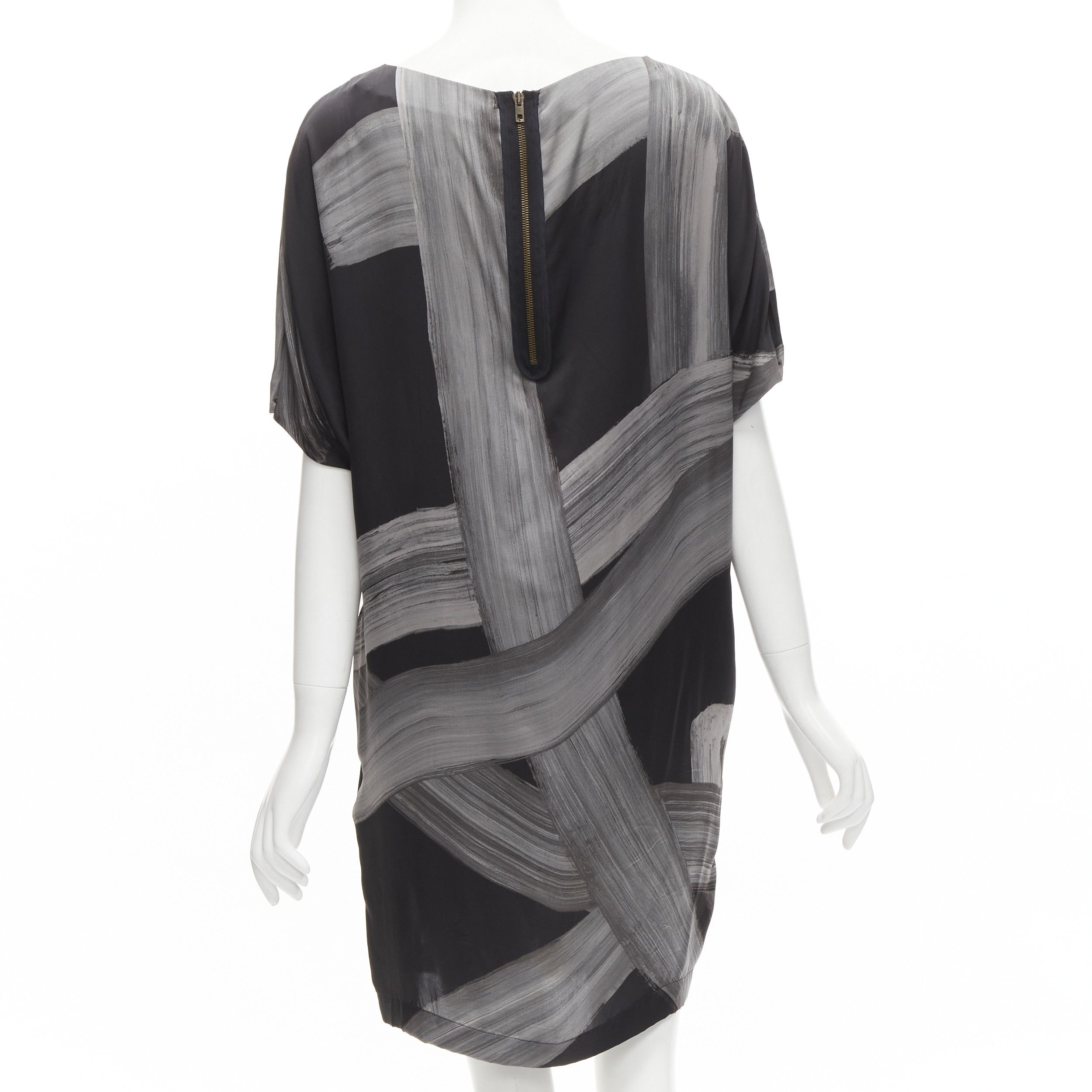 Stella McCartney STELLA MCCARTNEY 100% silk black grey brush stroke print bateau dress IT38 XS Size XS / US 0-2 / IT 36-38 - 5 Thumbnail
