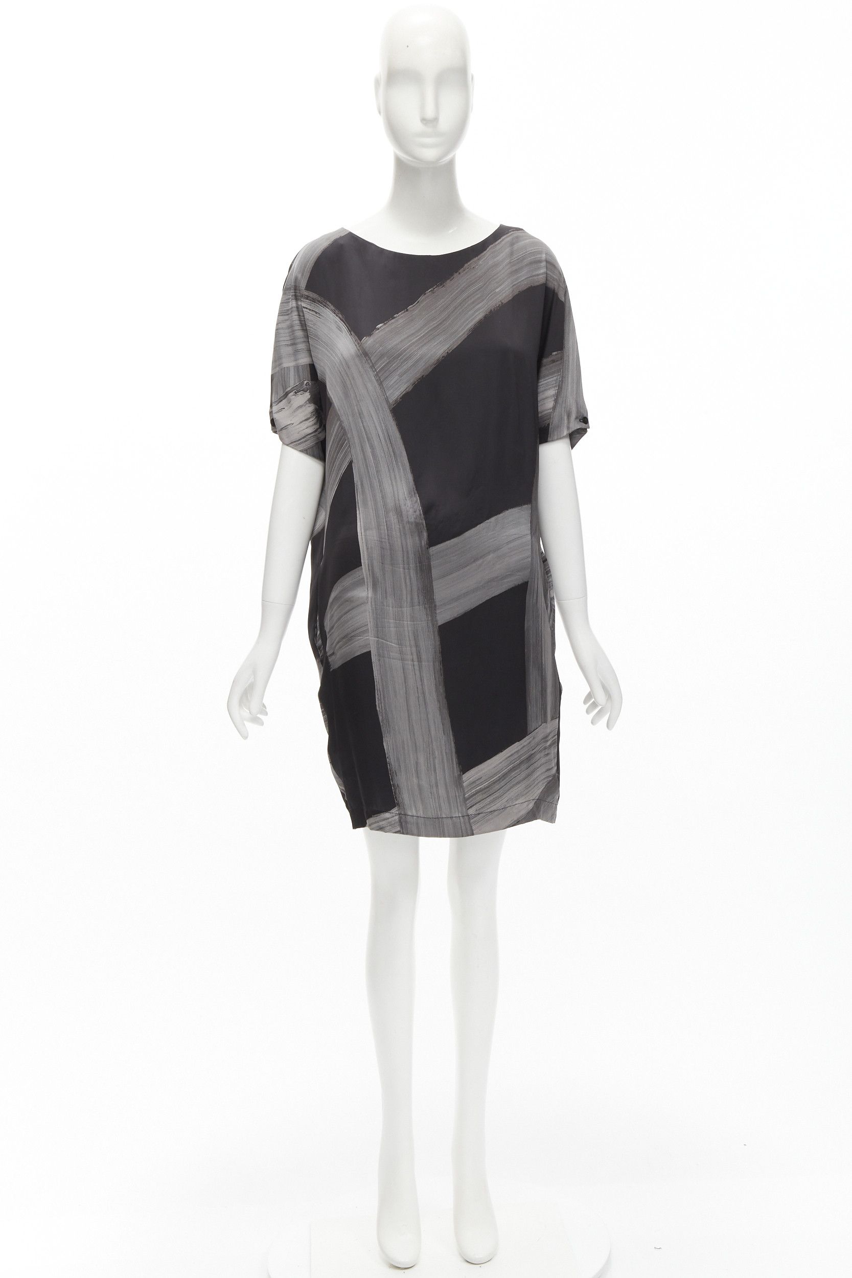 Stella McCartney STELLA MCCARTNEY 100% silk black grey brush stroke print bateau dress IT38 XS Size XS / US 0-2 / IT 36-38 - 10 Thumbnail