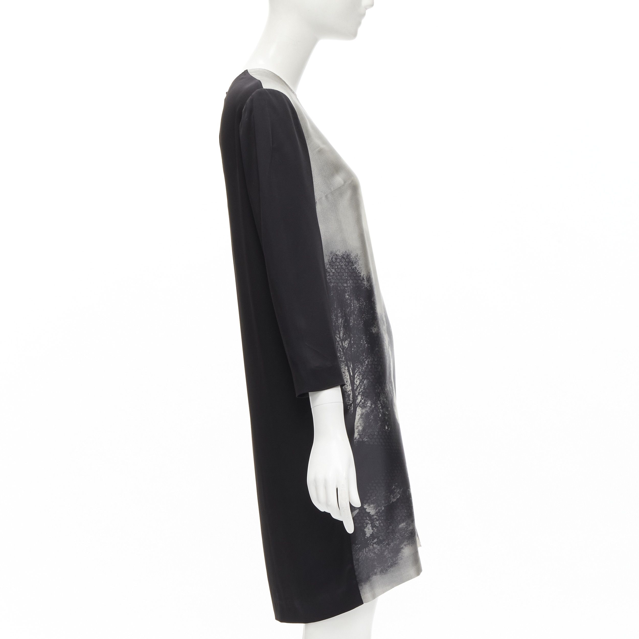 Stella McCartney STELLA MCCARTNEY 100% silk black grey tree photo print crew neck dress Size M / US 6-8 / IT 42-44 - 4 Thumbnail