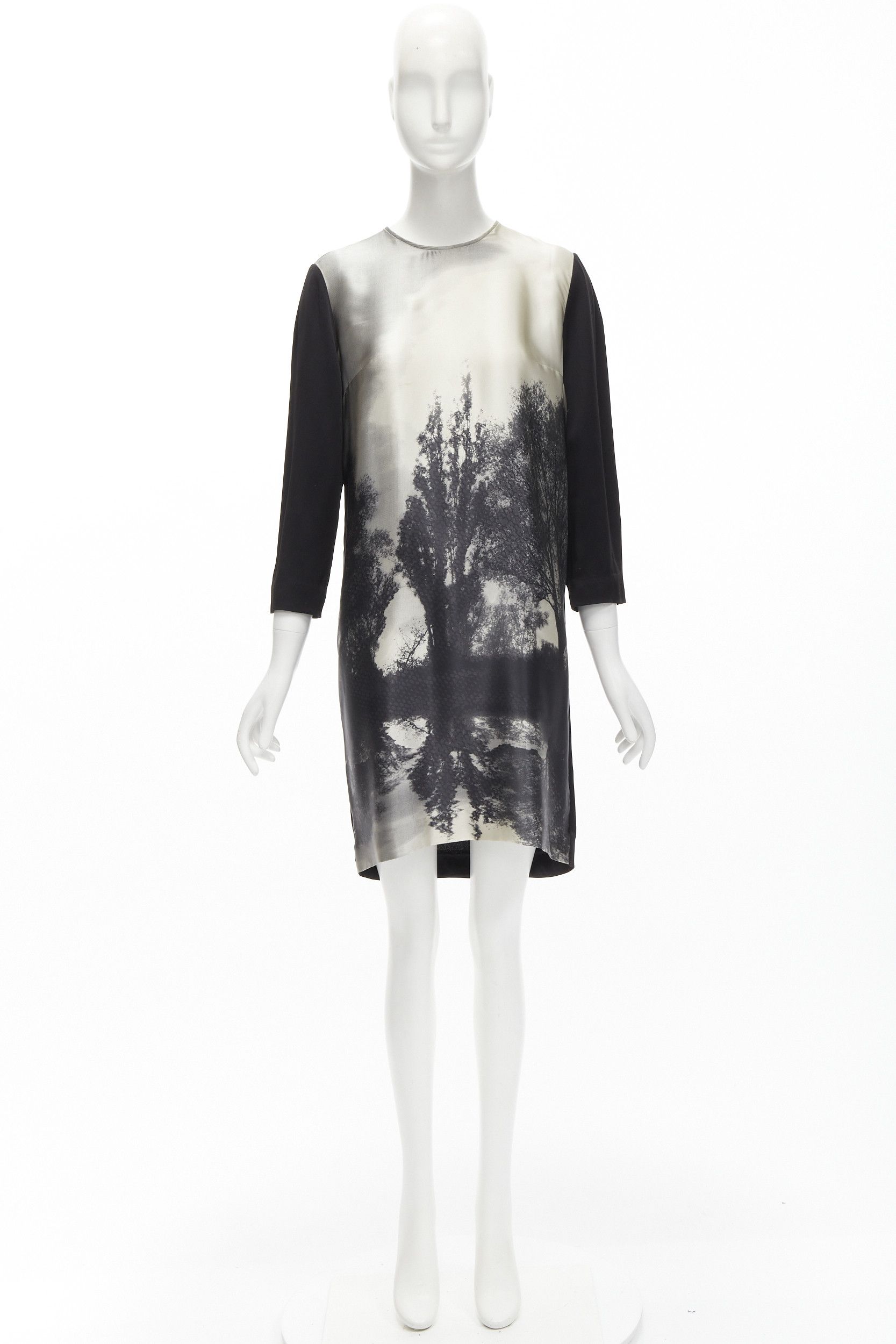 Stella McCartney STELLA MCCARTNEY 100% silk black grey tree photo print crew neck dress Size M / US 6-8 / IT 42-44 - 10 Thumbnail