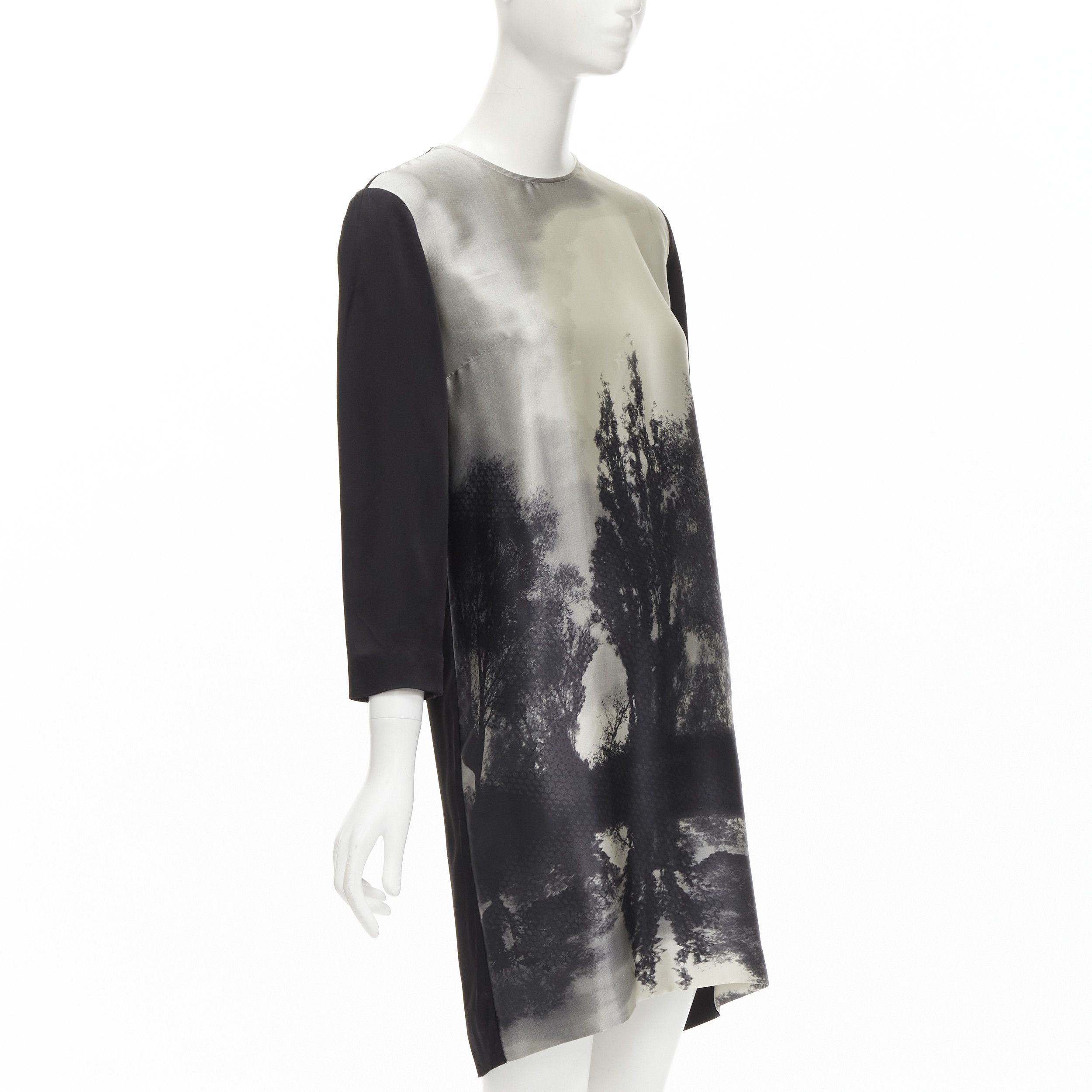 Stella McCartney STELLA MCCARTNEY 100% silk black grey tree photo print crew neck dress Size M / US 6-8 / IT 42-44 - 3 Thumbnail