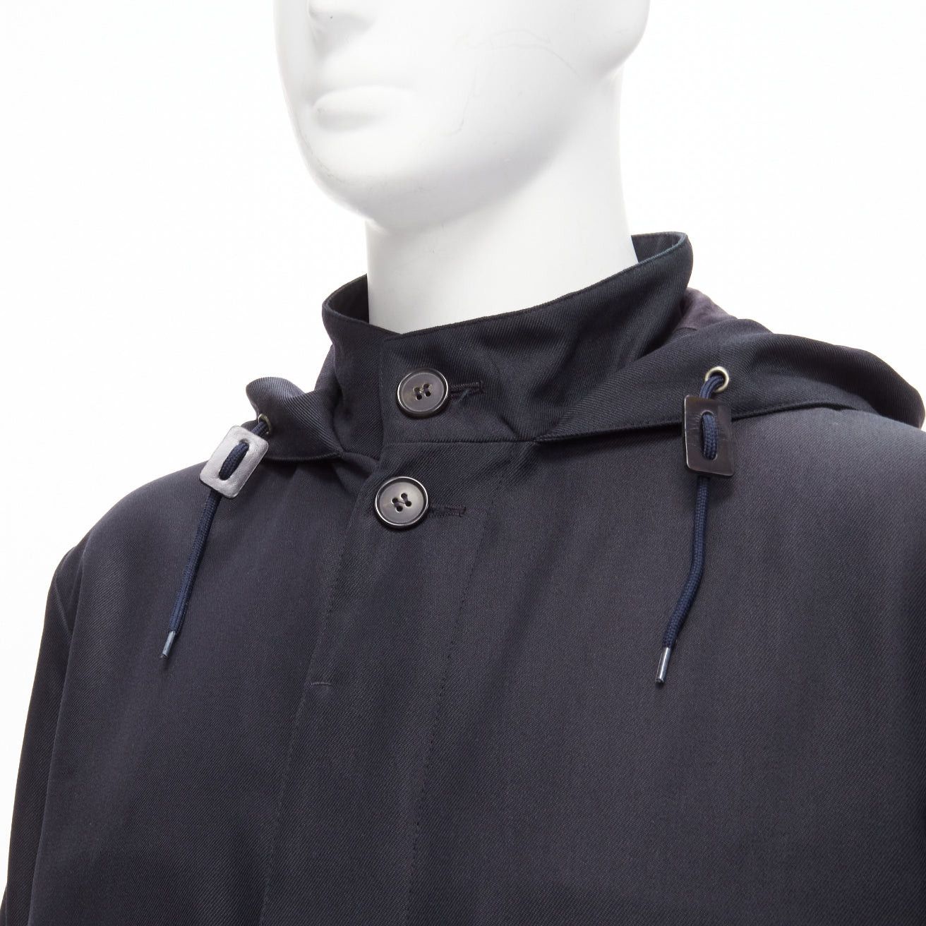 Marni MARNI black wool blend leather stopper hooded concealed buttons parka jacket IT48 M Size US M / EU 48-50 / 2 - 2 Thumbnail