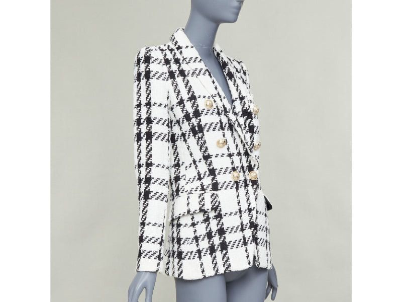 Balmain BALMAIN checked black white cotton tweed double breasted blazer jacket FR36 S Size S / US 4 / IT 40 - 4 Thumbnail