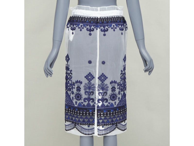 Sacai SACAI 2017 white navy blue sheer ethnic embroidery paperbag midi skirt JP1 S Size 27" / US 4 / IT 40 - 5 Thumbnail
