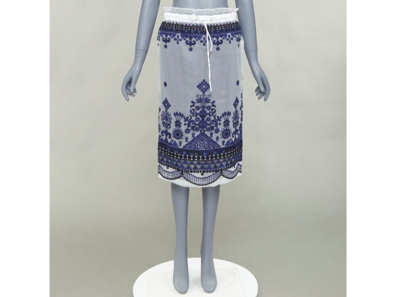 Sacai SACAI 2017 white navy blue sheer ethnic embroidery paperbag midi skirt JP1 S Size 27" / US 4 / IT 40 - 9 Thumbnail