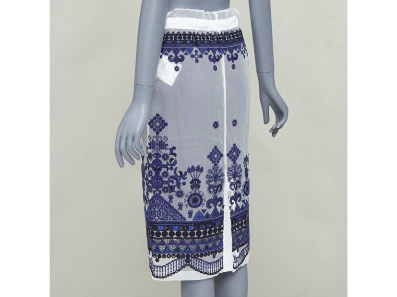 Sacai SACAI 2017 white navy blue sheer ethnic embroidery paperbag midi skirt JP1 S Size 27" / US 4 / IT 40 - 6 Thumbnail