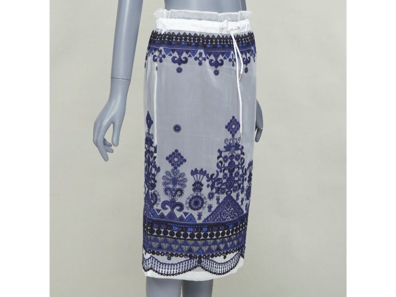 Sacai SACAI 2017 white navy blue sheer ethnic embroidery paperbag midi skirt JP1 S Size 27" / US 4 / IT 40 - 3 Thumbnail