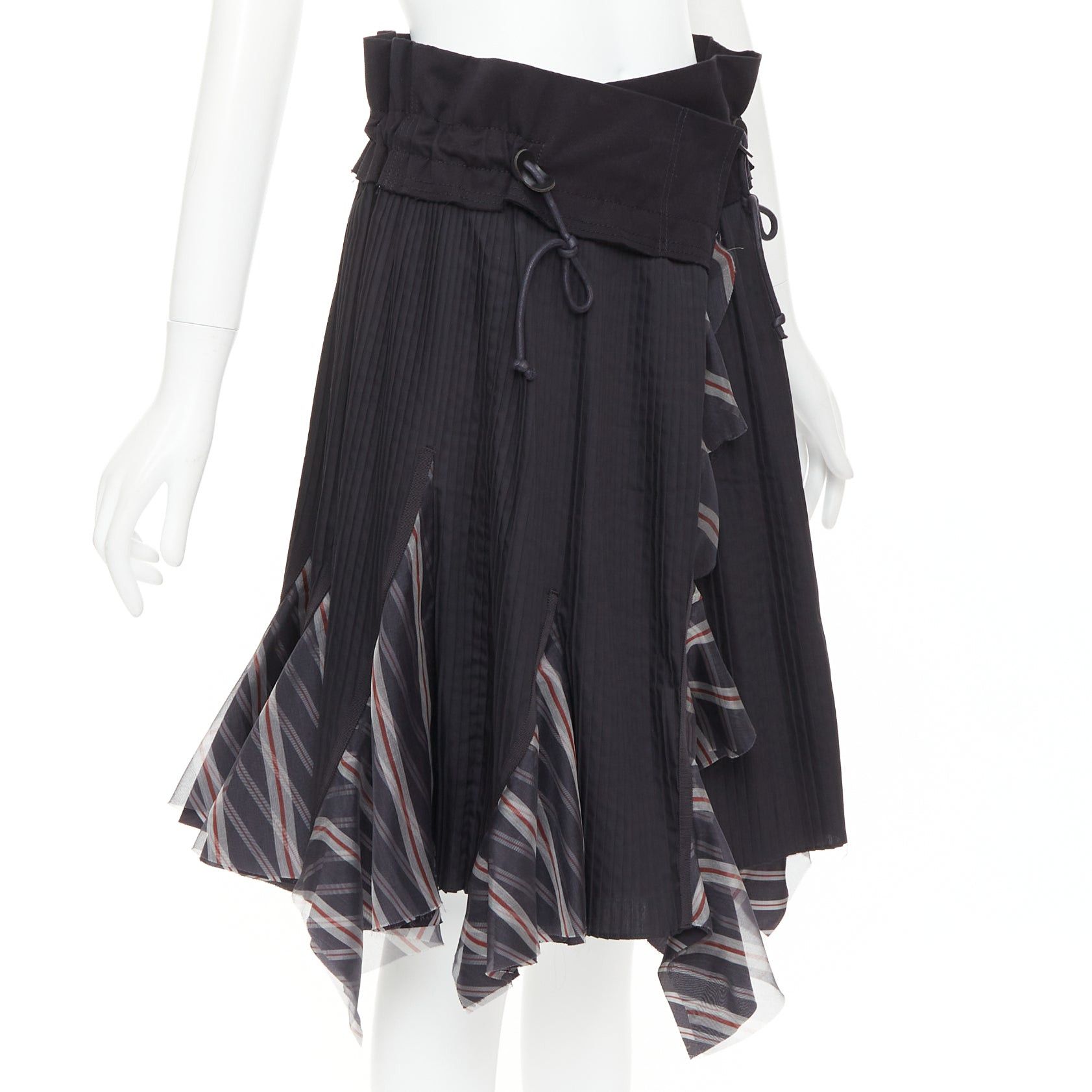 Sacai SACAI 2017 black plisse cowhide trim striped flare wrap knee skirt JP1 S Size 28" / US 6 / IT 42 - 3 Thumbnail