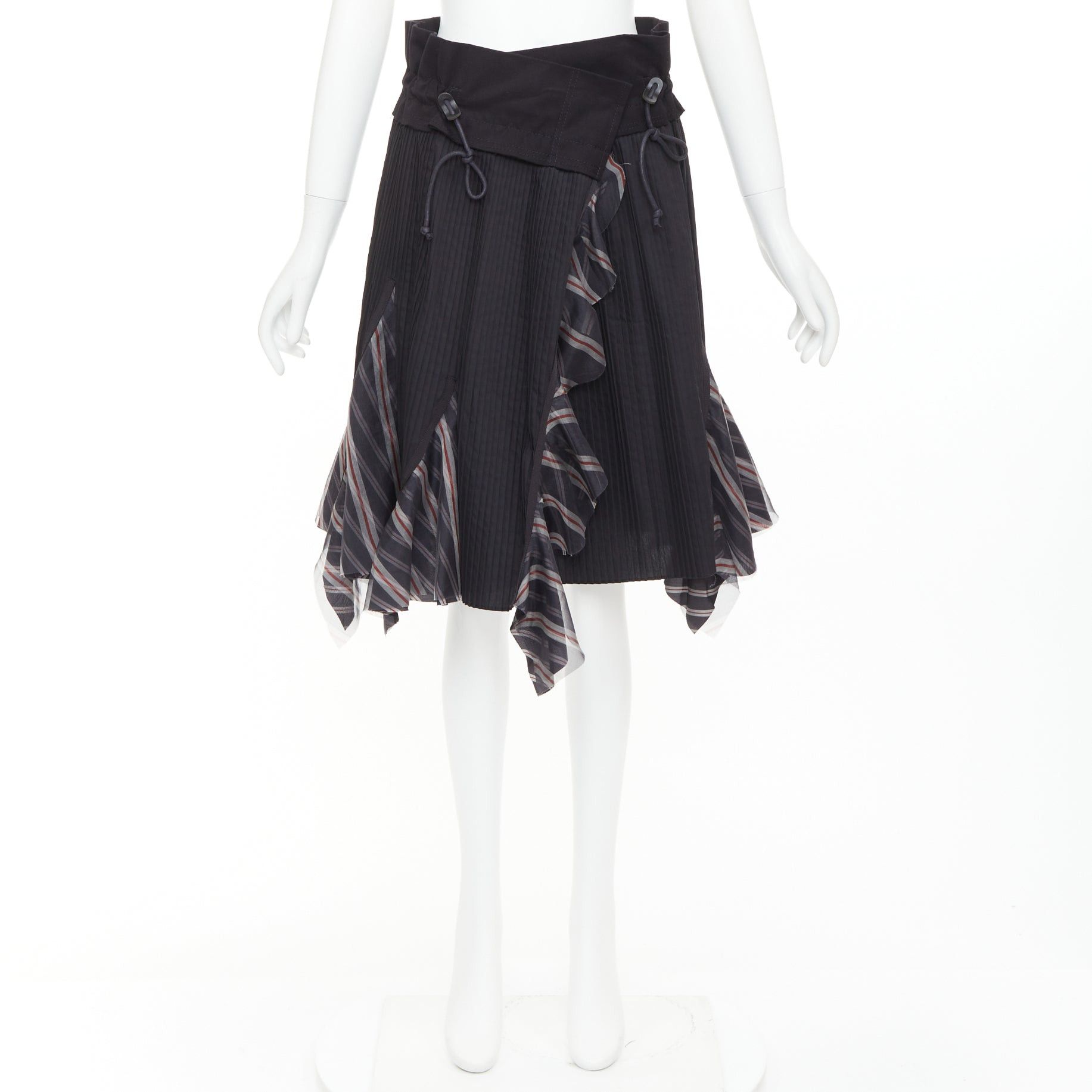 Sacai SACAI 2017 black plisse cowhide trim striped flare wrap knee skirt JP1 S Size 28" / US 6 / IT 42 - 9 Thumbnail