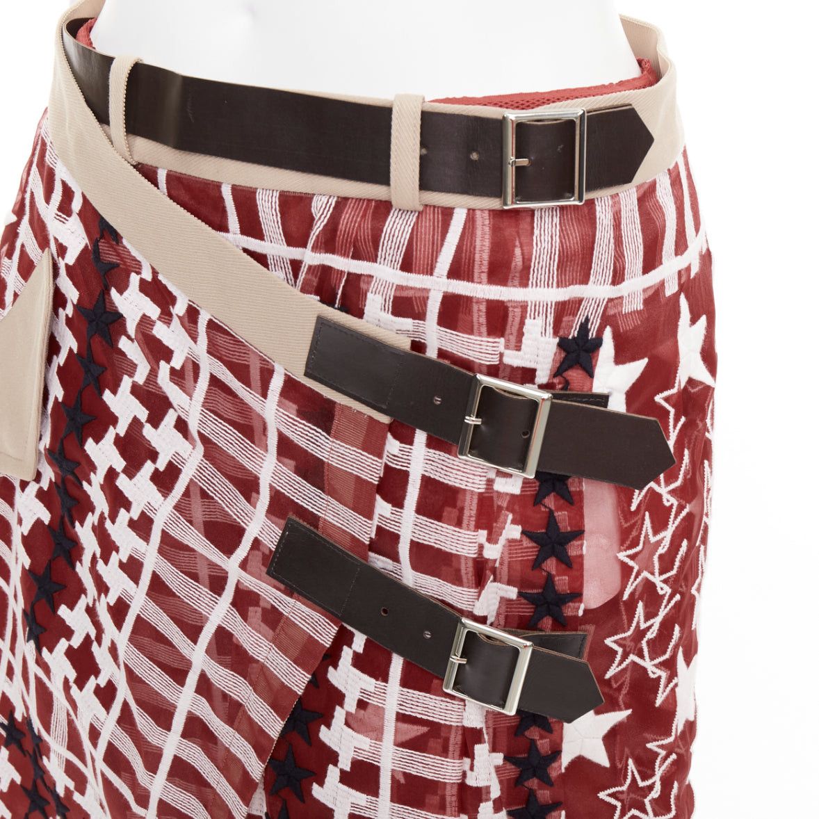 Sacai SACAI 2017 red white houndstooth star check sheer leather buckle wrap skirt JP2 M Size 28" / US 6 / IT 42 - 2 Thumbnail