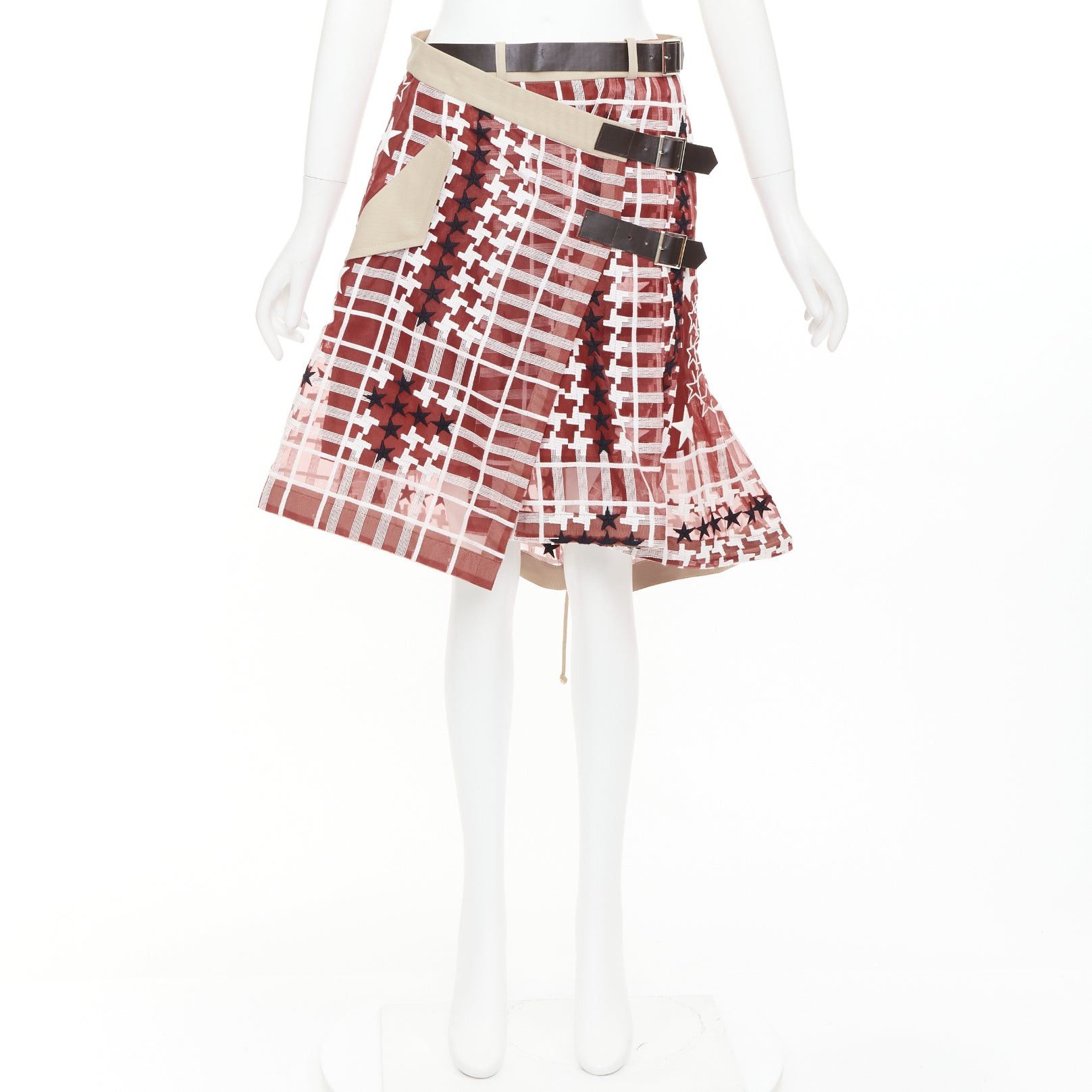 Sacai SACAI 2017 red white houndstooth star check sheer leather buckle wrap skirt JP2 M Size 28" / US 6 / IT 42 - 9 Thumbnail