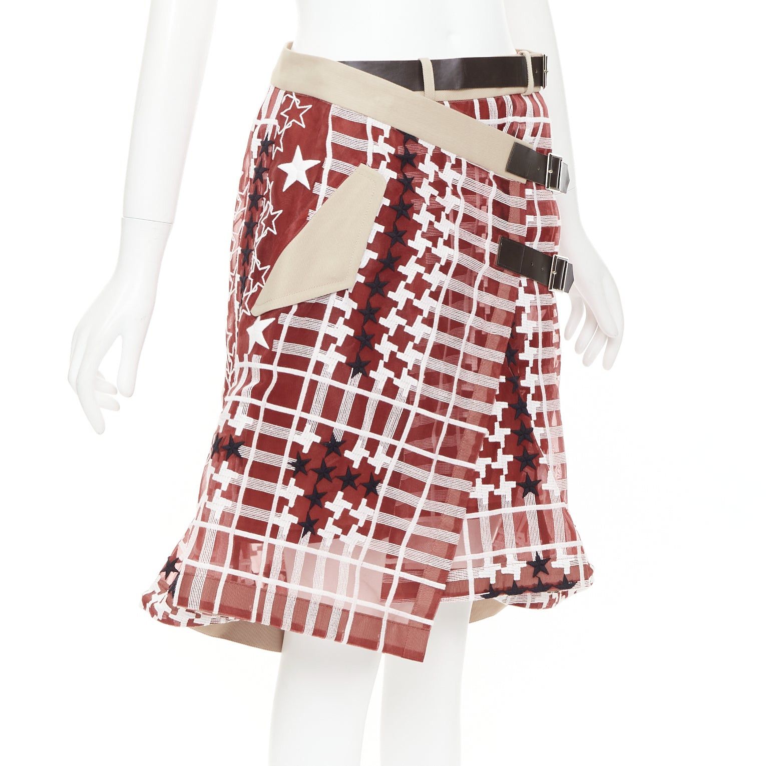 Sacai SACAI 2017 red white houndstooth star check sheer leather buckle wrap skirt JP2 M Size 28" / US 6 / IT 42 - 3 Thumbnail