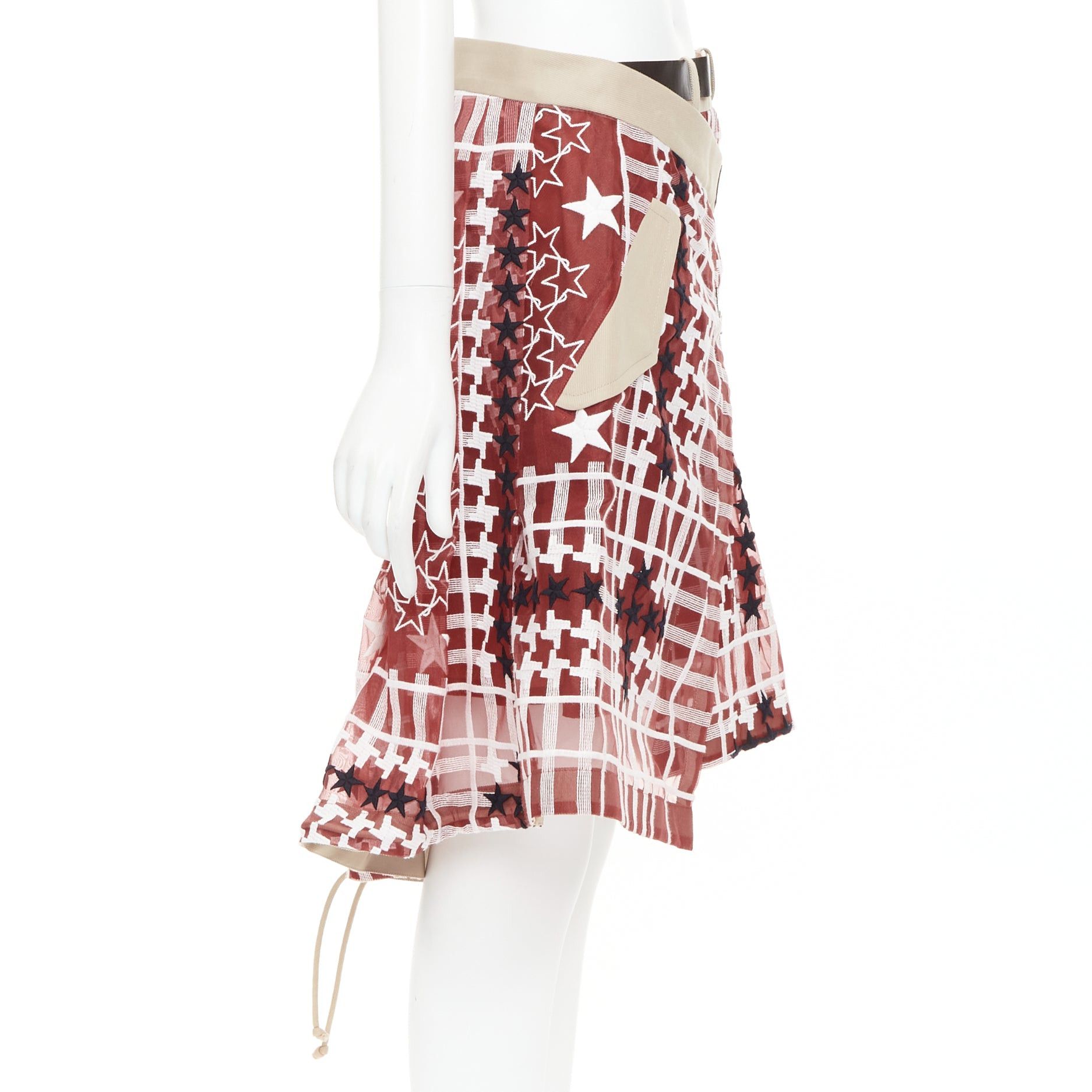 Sacai SACAI 2017 red white houndstooth star check sheer leather buckle wrap skirt JP2 M Size 28" / US 6 / IT 42 - 4 Thumbnail