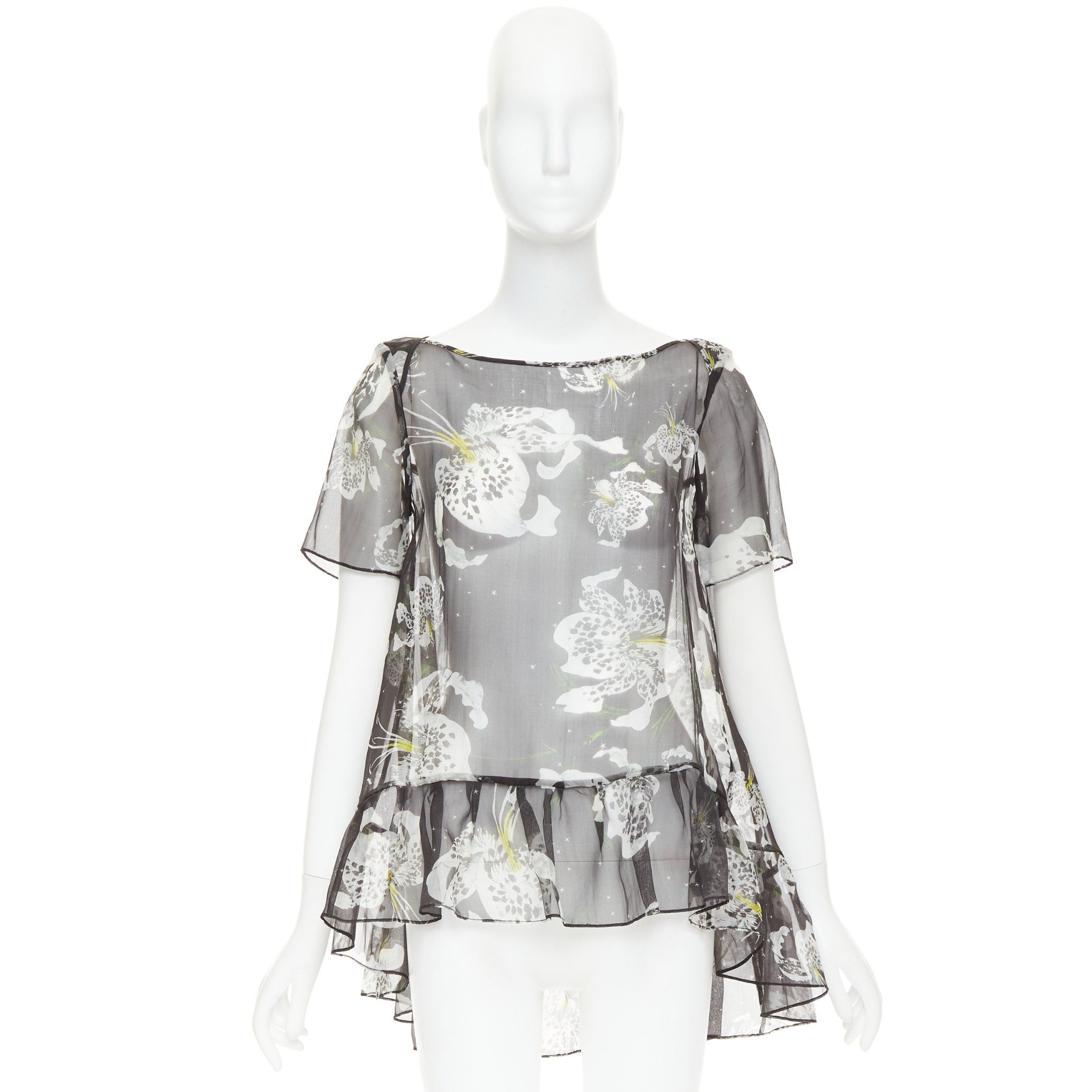 Erdem ERDEM 100% silk black yellow sheer floral print waterfall frill babydoll top UK10 M Size M / US 6-8 / IT 42-44 - 9 Thumbnail
