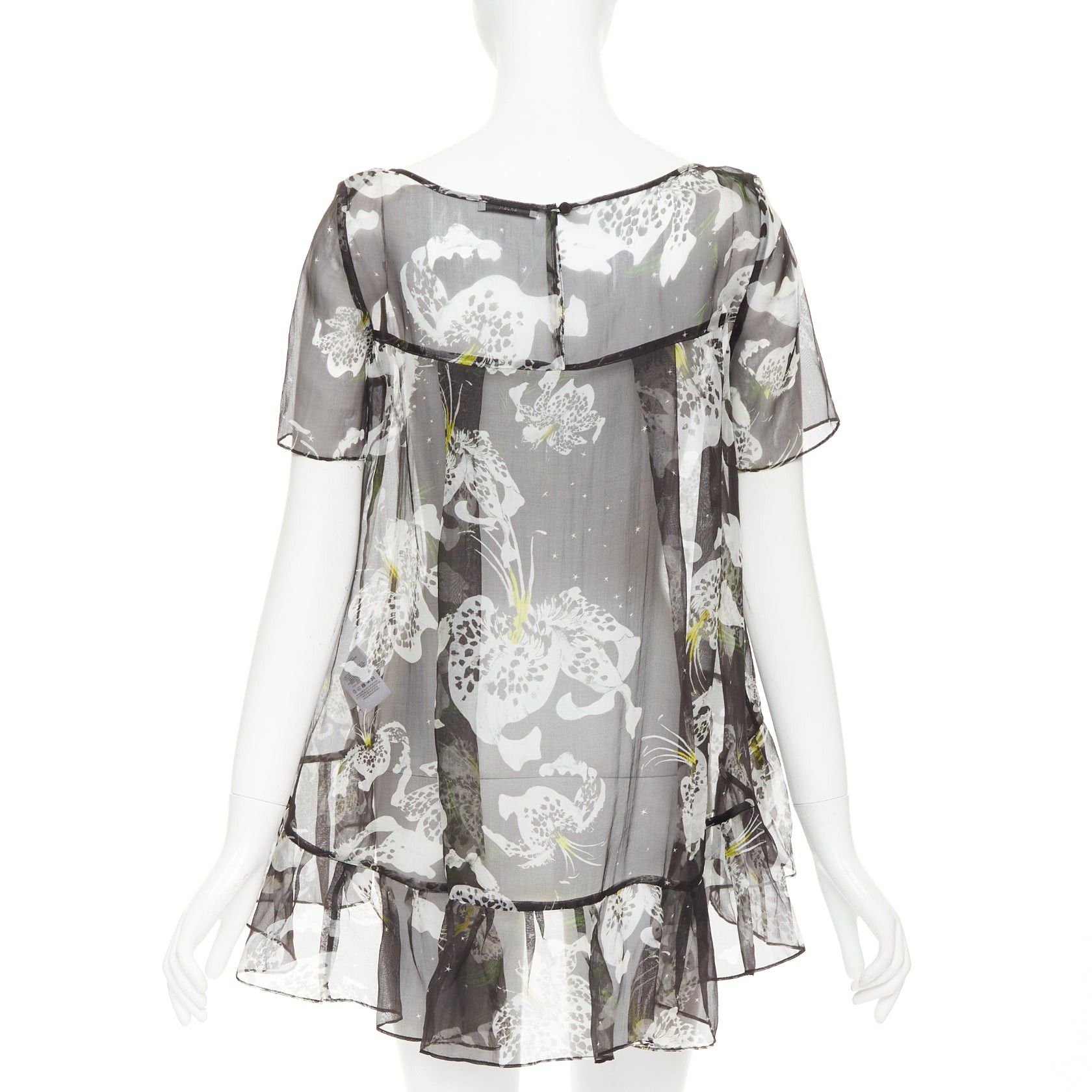 Erdem ERDEM 100% silk black yellow sheer floral print waterfall frill babydoll top UK10 M Size M / US 6-8 / IT 42-44 - 5 Thumbnail