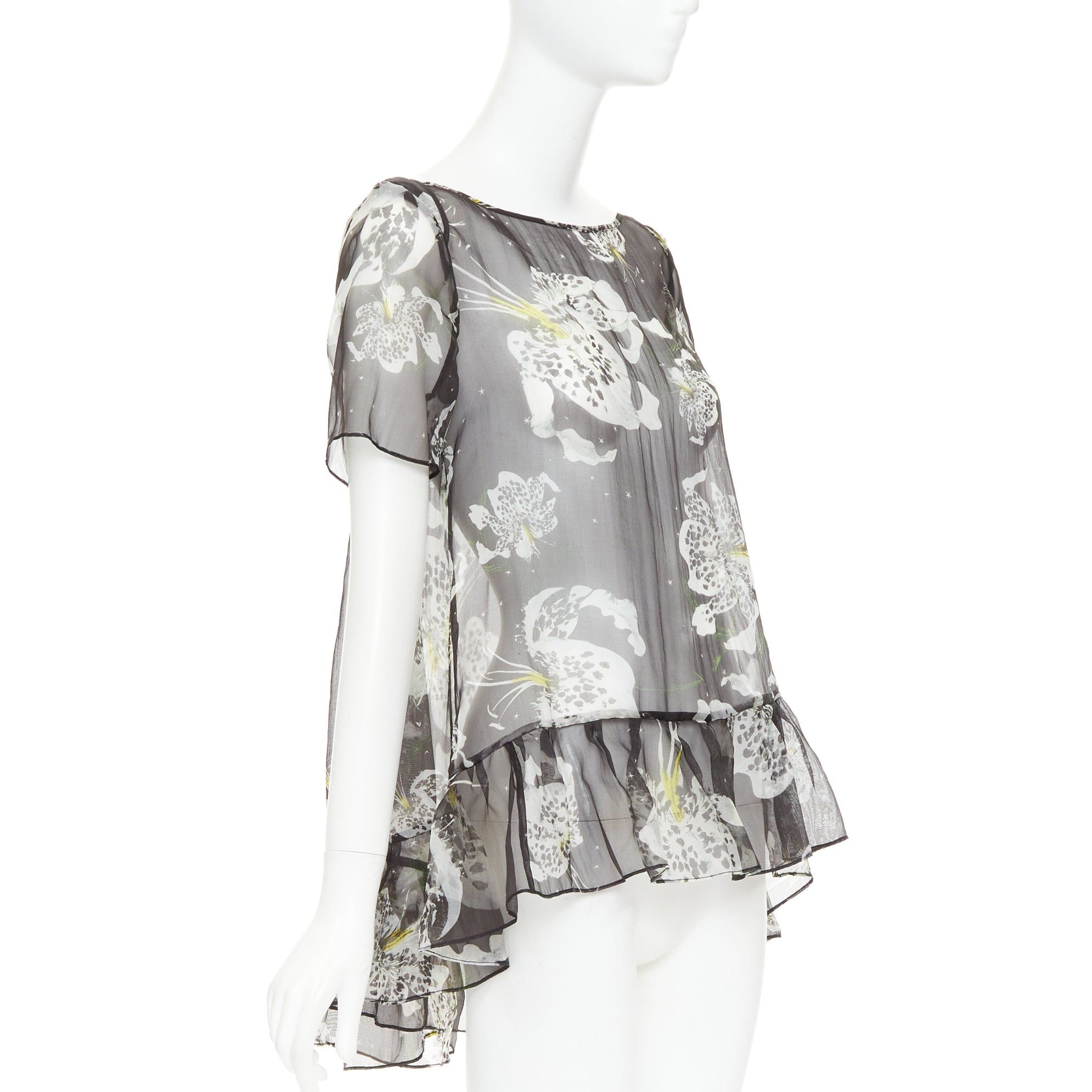 Erdem ERDEM 100% silk black yellow sheer floral print waterfall frill babydoll top UK10 M Size M / US 6-8 / IT 42-44 - 3 Thumbnail