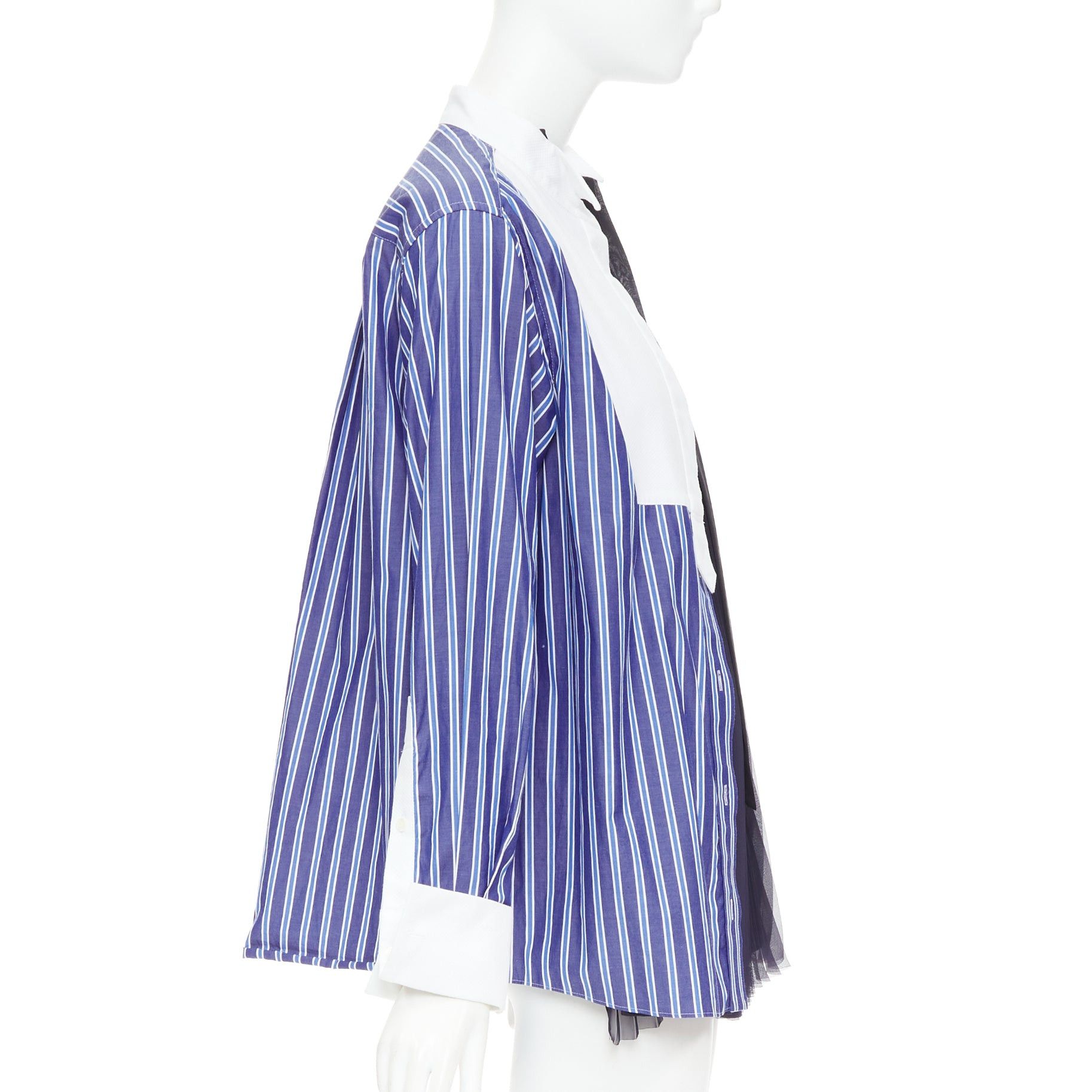 Sacai SACAI 2021 blue striped cotton bib collar sheer panel deconstructed shirt JP1 S Size M / US 6-8 / IT 42-44 - 4 Thumbnail