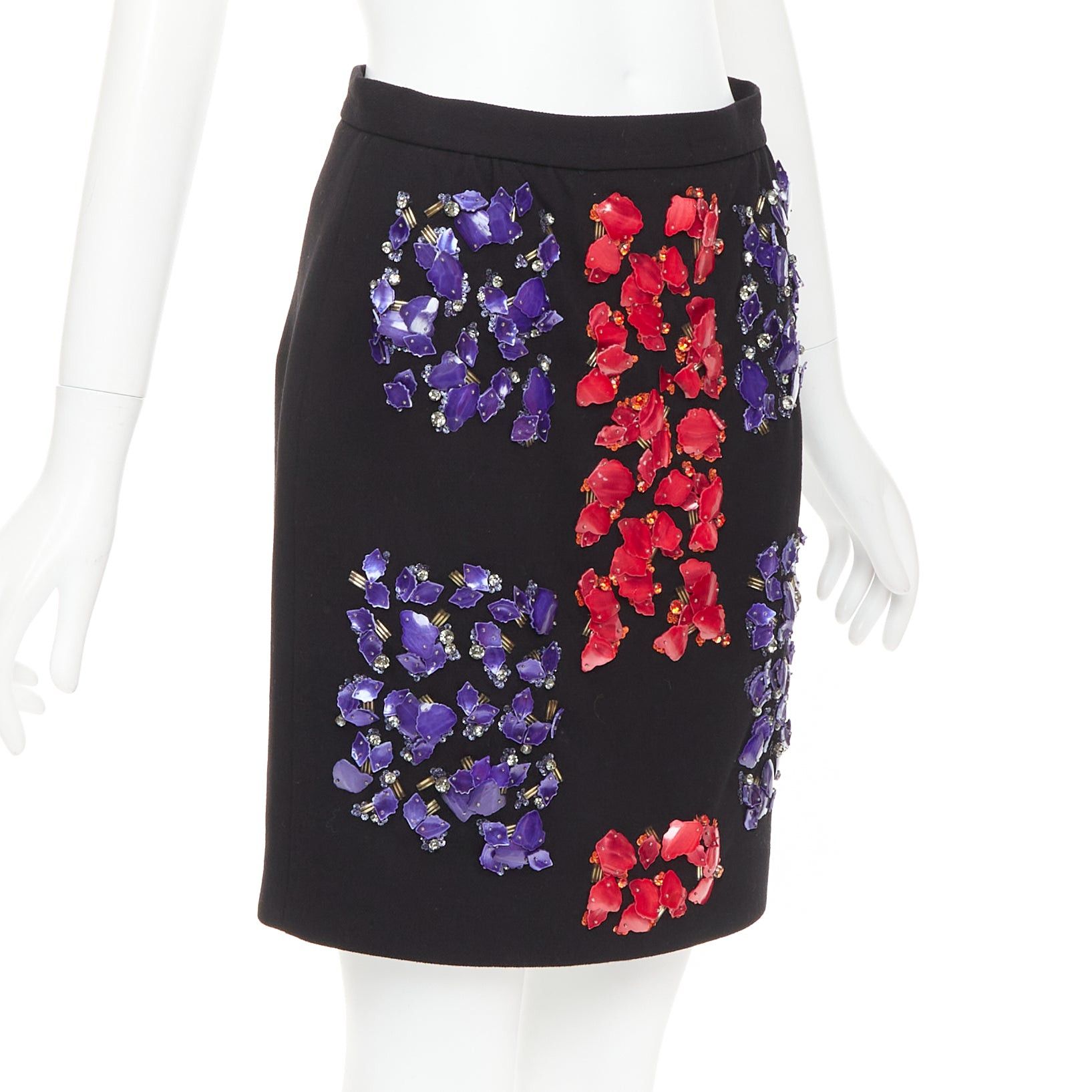 Peter Pilotto PETER PILOTTO black virgin wool red purple mother of pearl embellished skirt UK10 M Size 28" / US 6 / IT 42 - 3 Thumbnail
