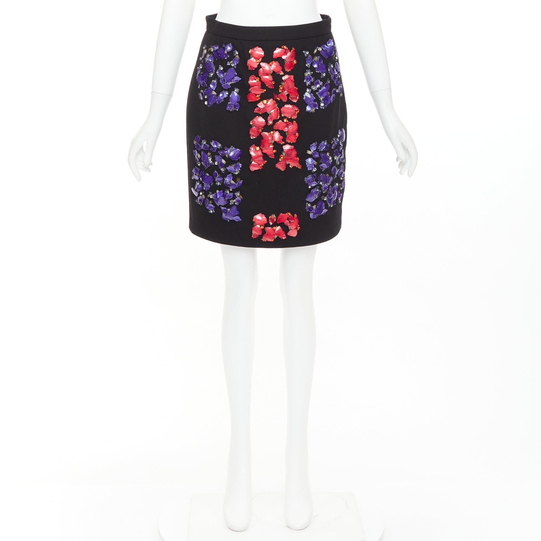 Peter Pilotto PETER PILOTTO black virgin wool red purple mother of pearl embellished skirt UK10 M Size 28" / US 6 / IT 42 - 9 Thumbnail