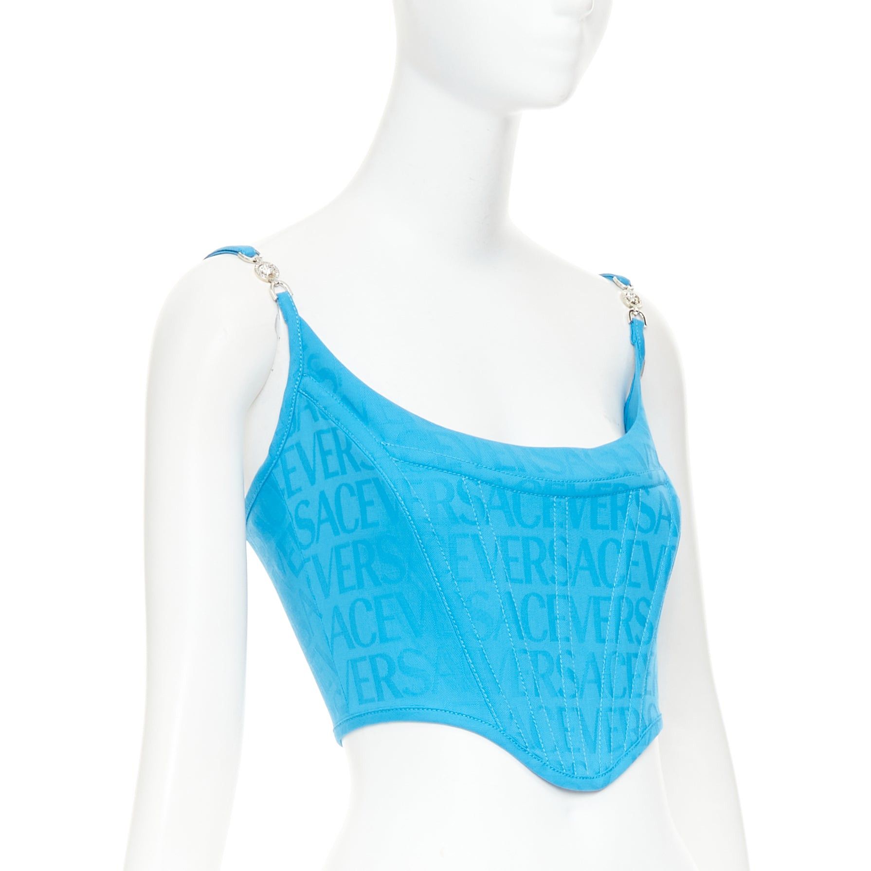 Versace new VERSACE Medusa '95 Mediterranean Blue monogram boned silver buckle crop top IT38 XS Size XS / US 0-2 / IT 36-38 - 3 Thumbnail