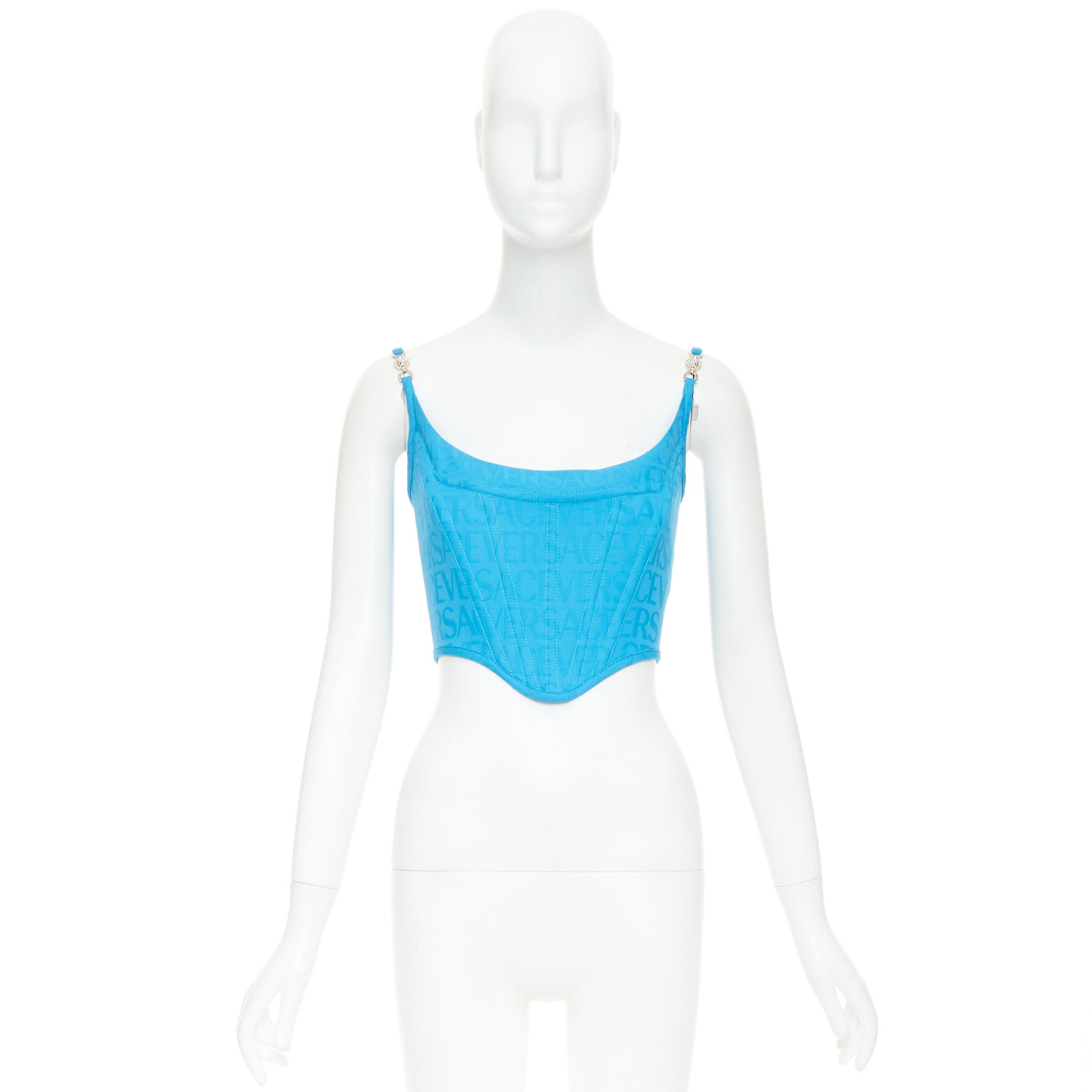 Versace new VERSACE Medusa '95 Mediterranean Blue monogram boned silver buckle crop top IT38 XS Size XS / US 0-2 / IT 36-38 - 9 Thumbnail
