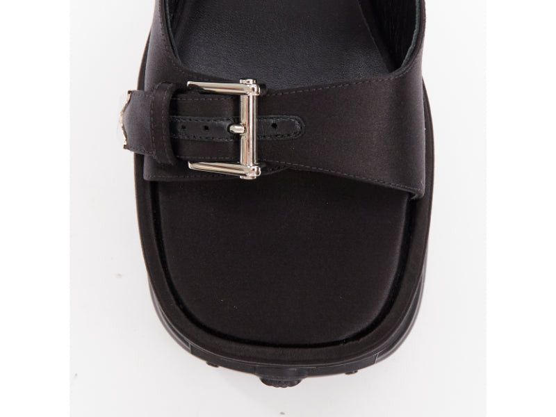 new VERSACE Anthem 120 Black satin silk silver Medusa buckle platform chunky sandals EU38