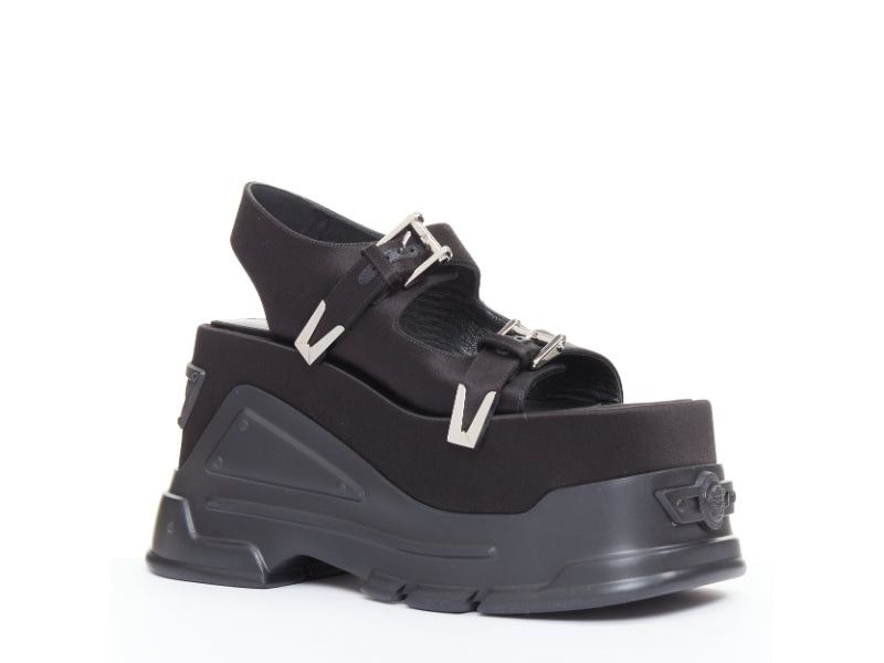 new VERSACE Anthem 120 Black satin silk silver Medusa buckle platform chunky sandals EU38