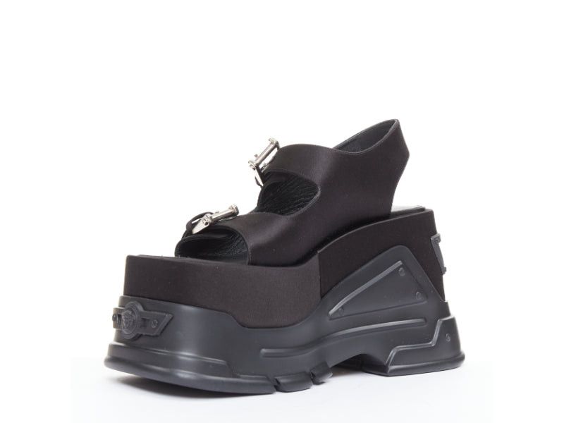 new VERSACE Anthem 120 Black satin silk silver Medusa buckle platform chunky sandals EU38