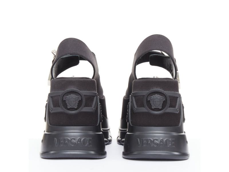new VERSACE Anthem 120 Black satin silk silver Medusa buckle platform chunky sandals EU38