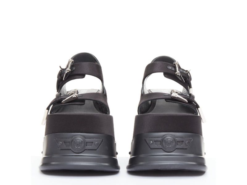 new VERSACE Anthem 120 Black satin silk silver Medusa buckle platform chunky sandals EU38
